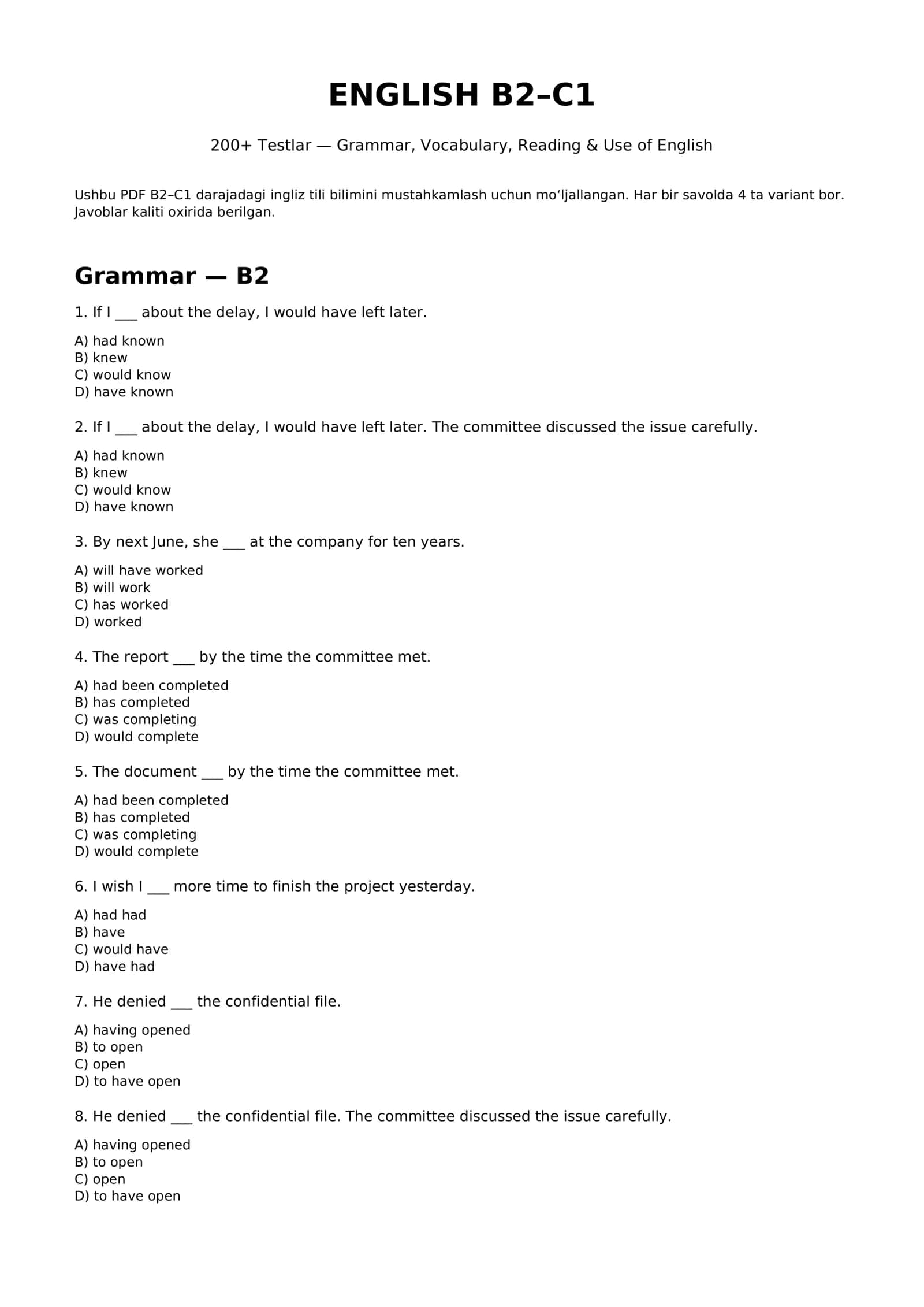 Ingliz tili B2–C1 — 200+ test | Grammar, Vocabulary & Reading