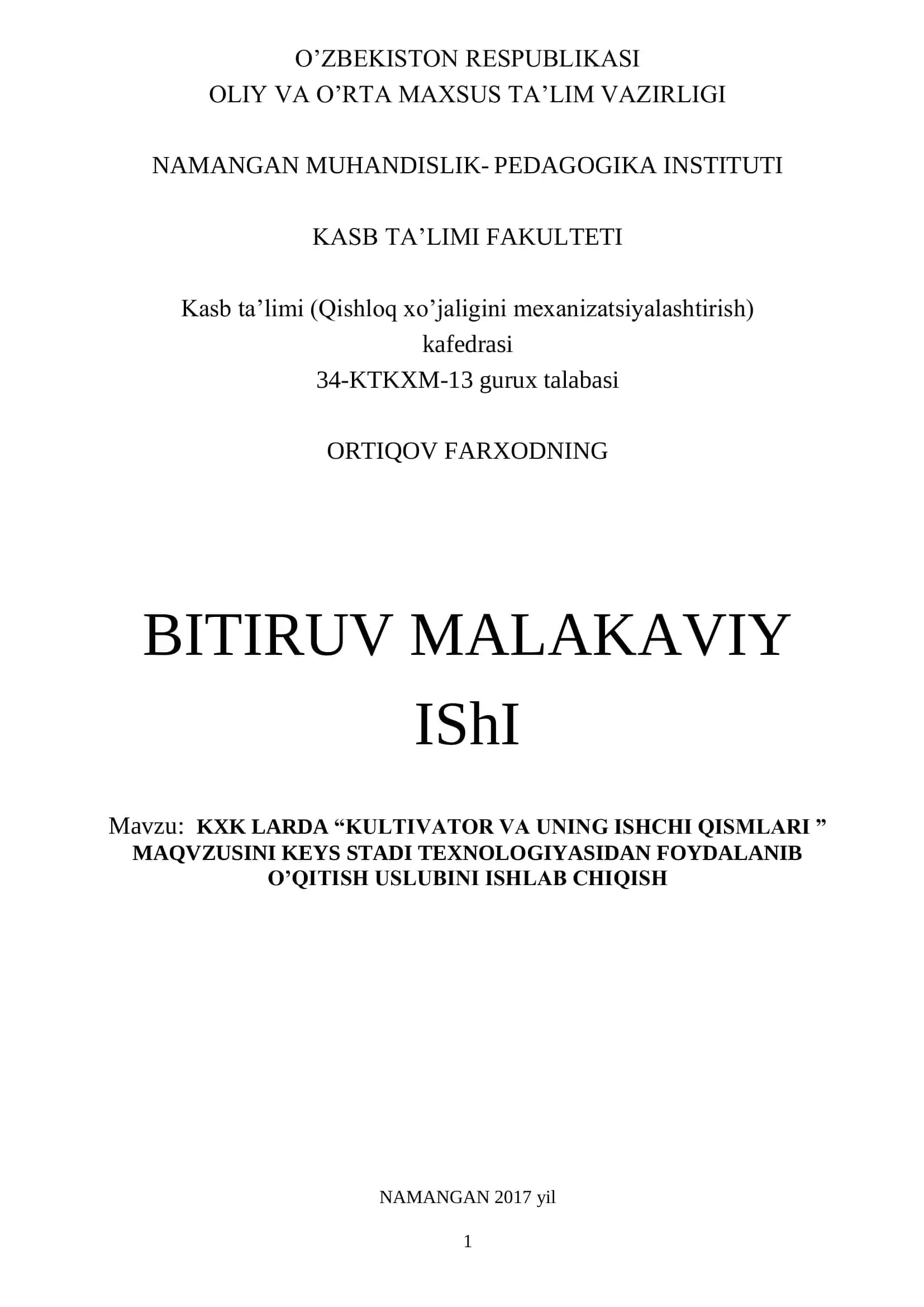 KXK LARDA “KULTIVATOR VA UNING ISHCHI QISMLARI”