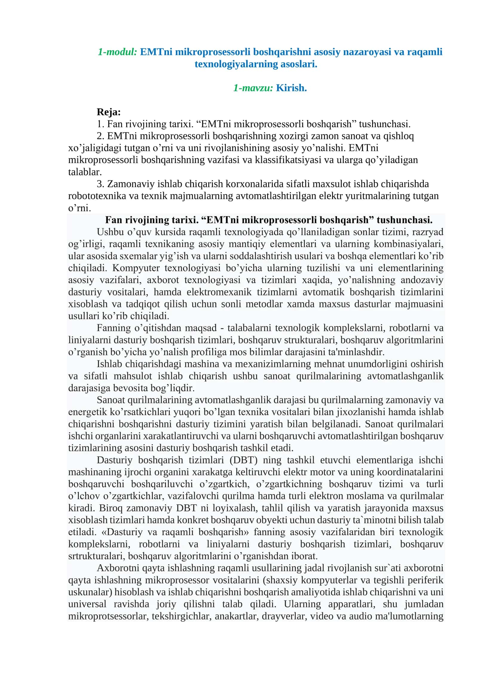 EMTni Mikroprosessorli Boshqarishning Asoslari