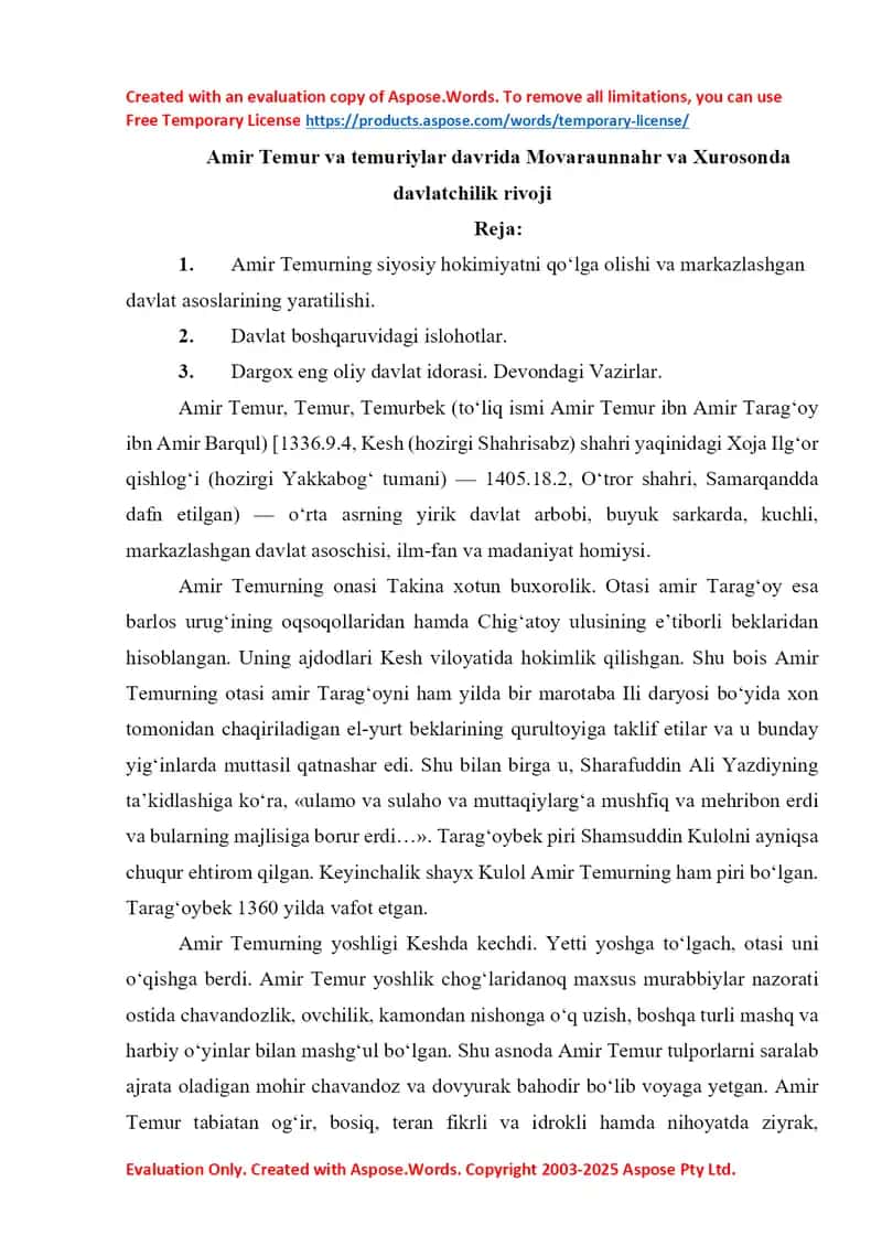 Amir Temur va temuriylar davrida Movaraunnahr va Xurosonda davlatchilik rivoji