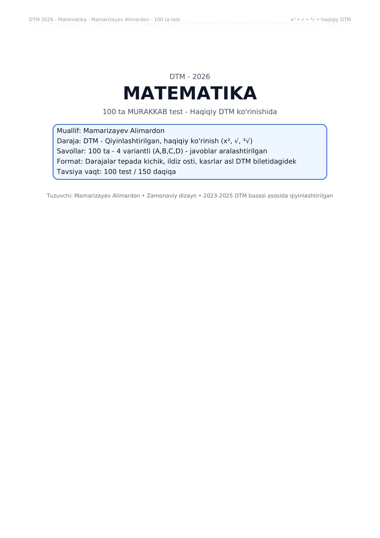 Matematika DTM dan 100 ta testlar to'plami