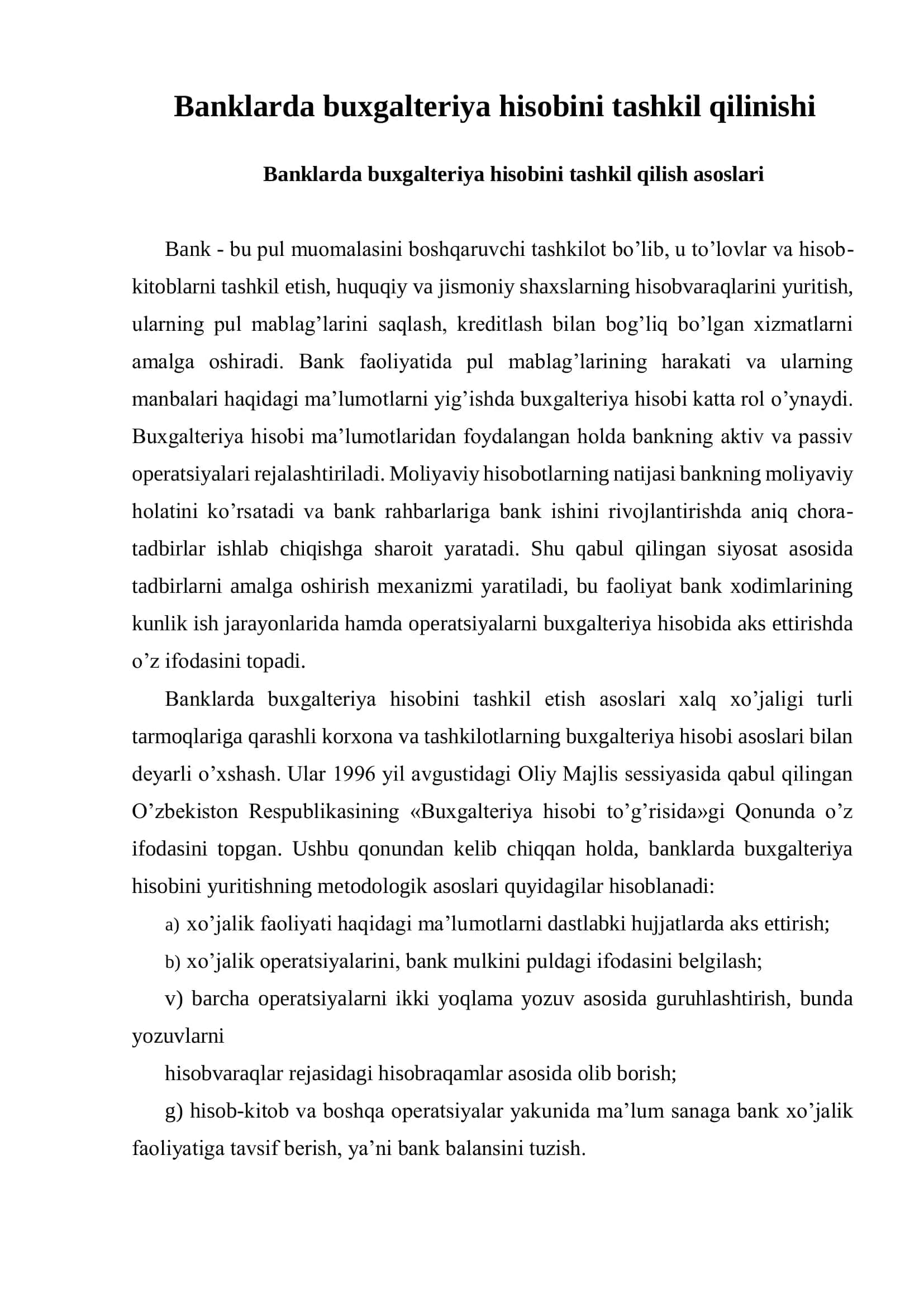 Banklarda buxgalteriya hisobini tashkil qilinishi