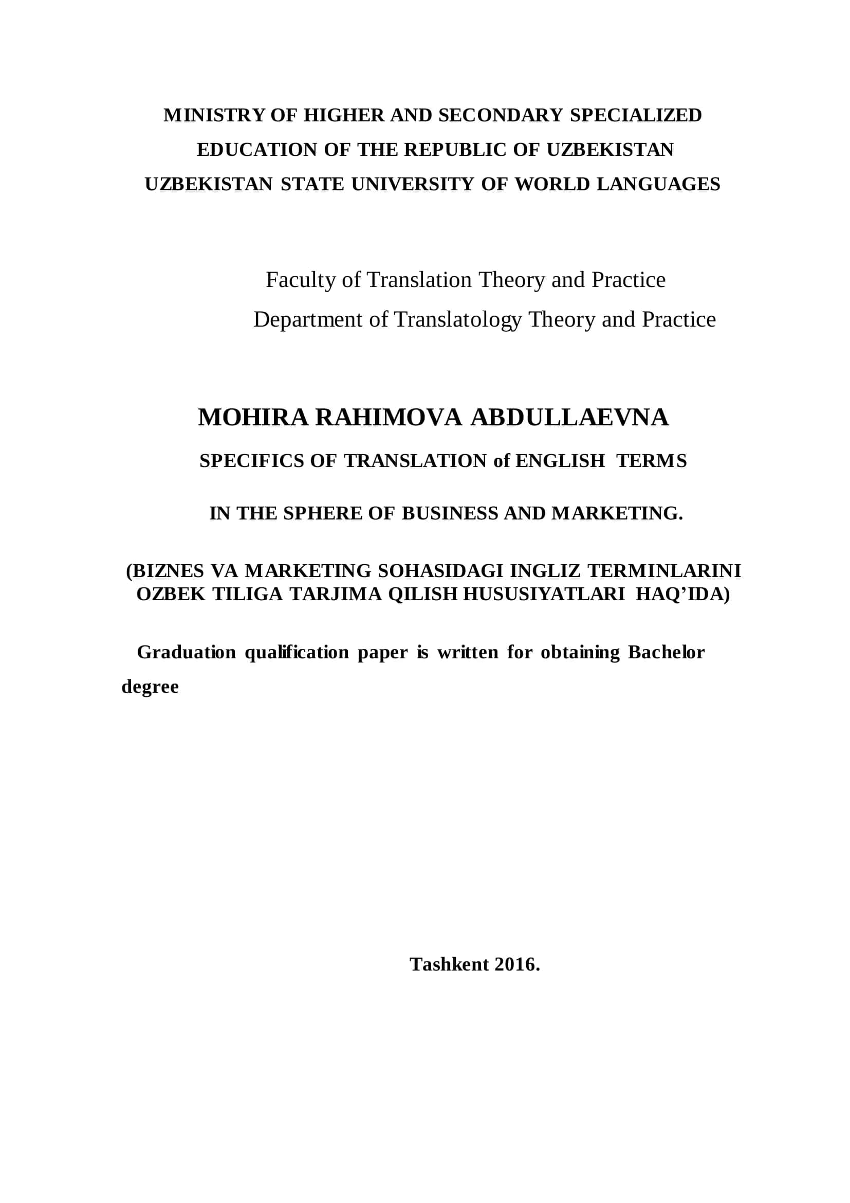 SPECIFICS OF TRANSLATION of ENGLISH TERMS IN THE SPHERE OF BUSINESS AND MARKETING