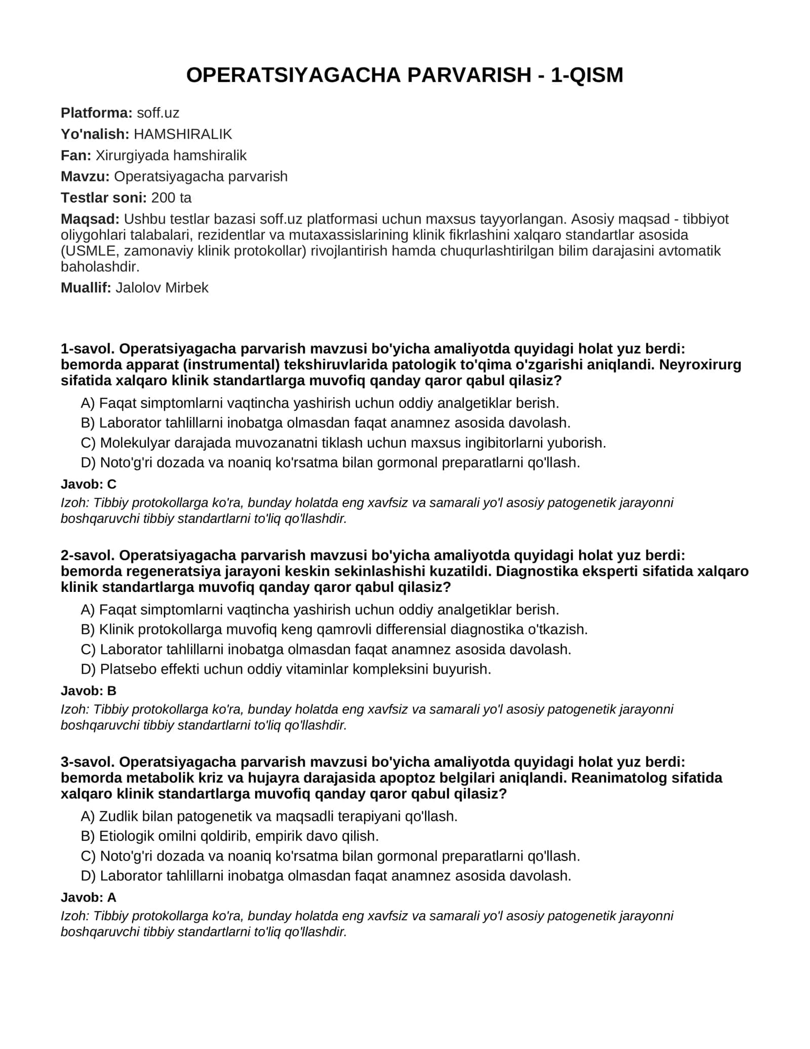 OPERATSIYAGACHA PARVARISH - 1-QISM
