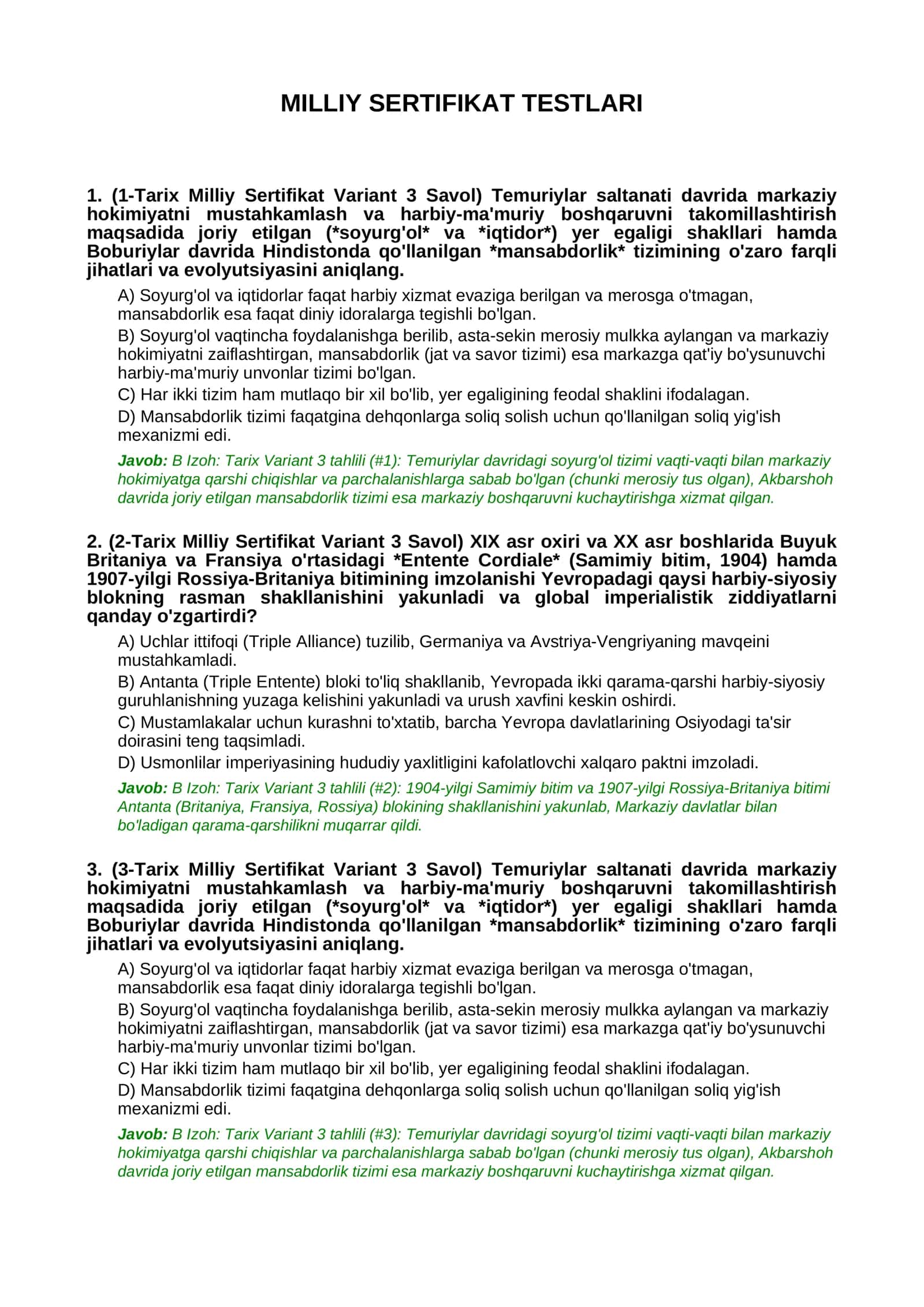MILLIY SERTIFIKAT TESTLARI