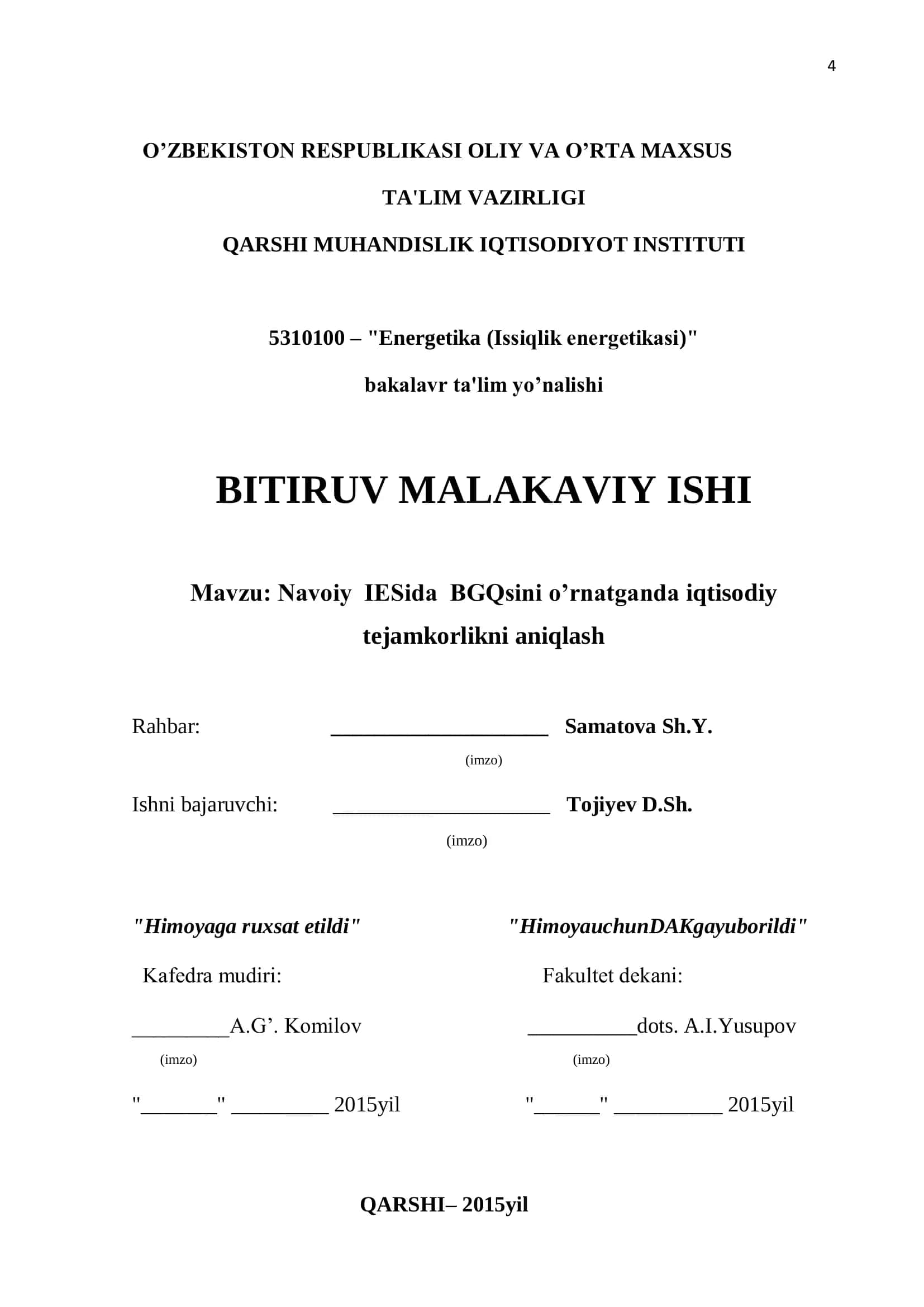 Navoiy IESida BGQsini o’rnatganda iqtisodiy tejamkorlikni aniqlash