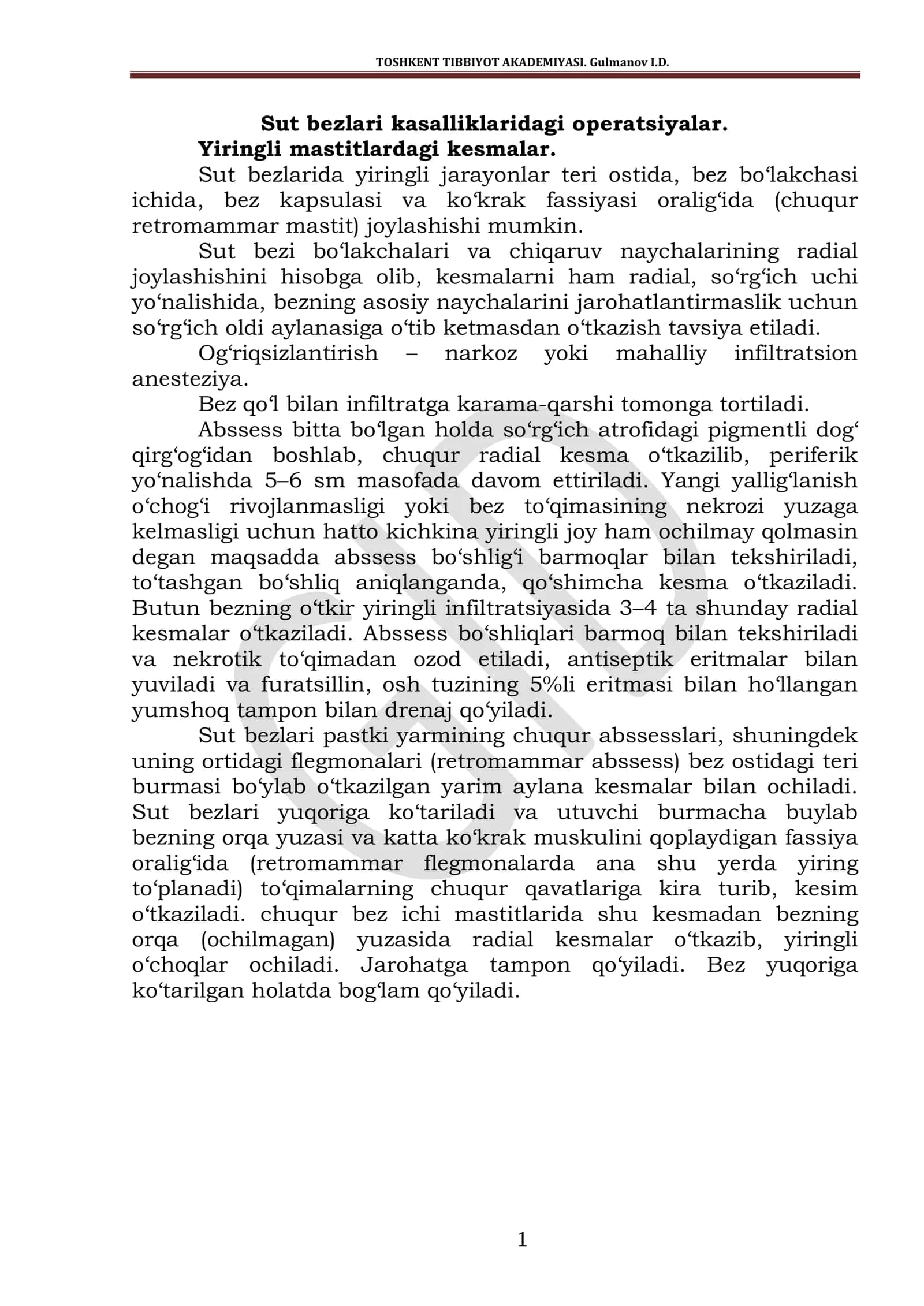 Sut bezlari kasalliklaridagi operatsiyalar