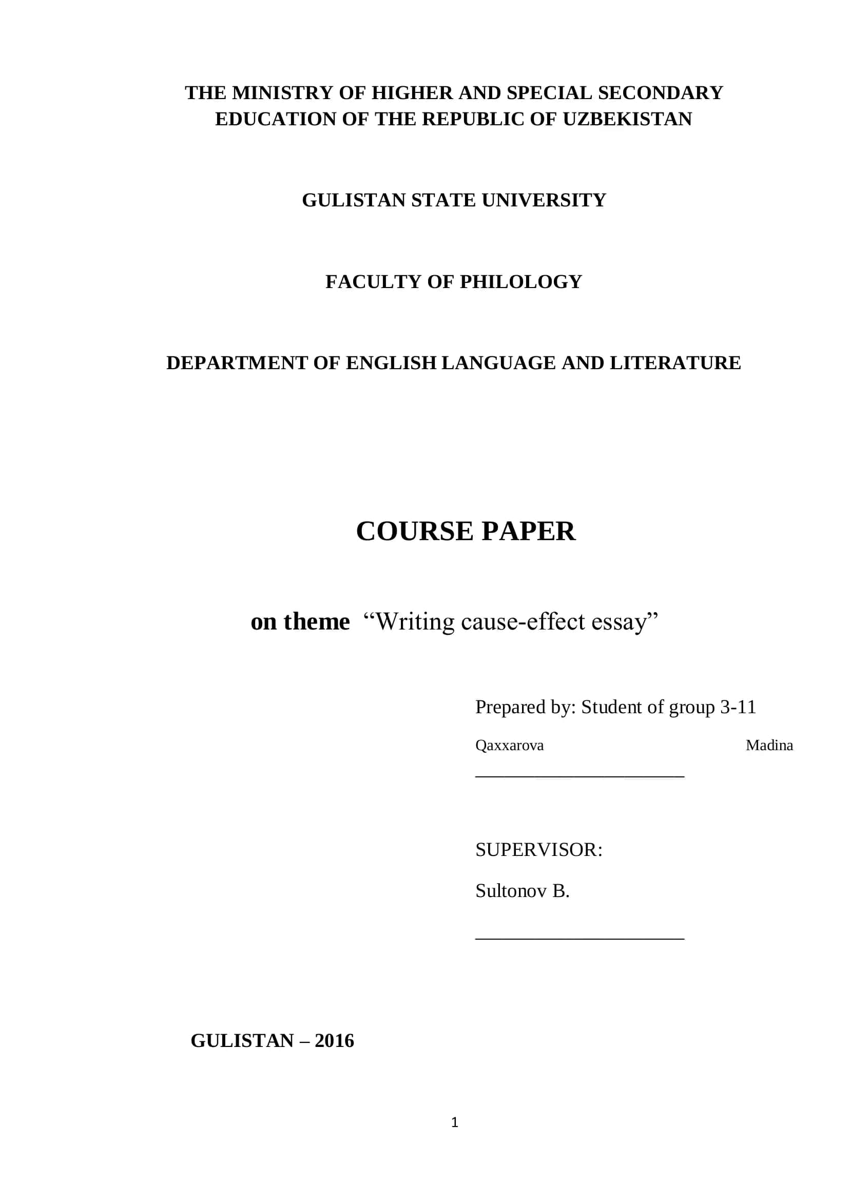 Course Paper on theme “Writing cause-effect essay”