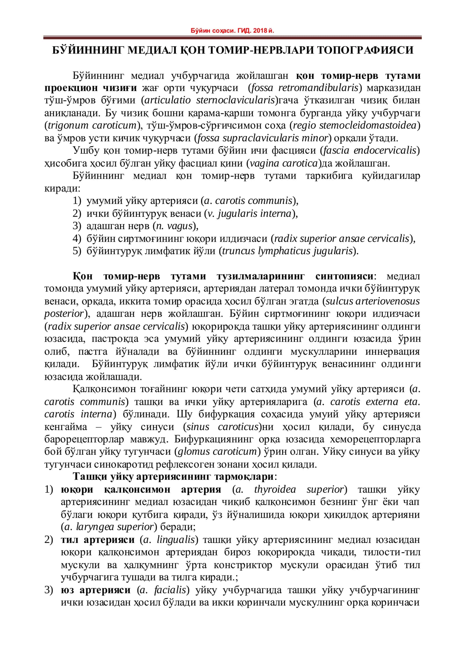 БЎЙИННИНГ МЕДИАЛ ҚОН ТОМИР-Бўйин соҳаси  НЕРВЛАРИ ТОПОГРАФИЯСИ