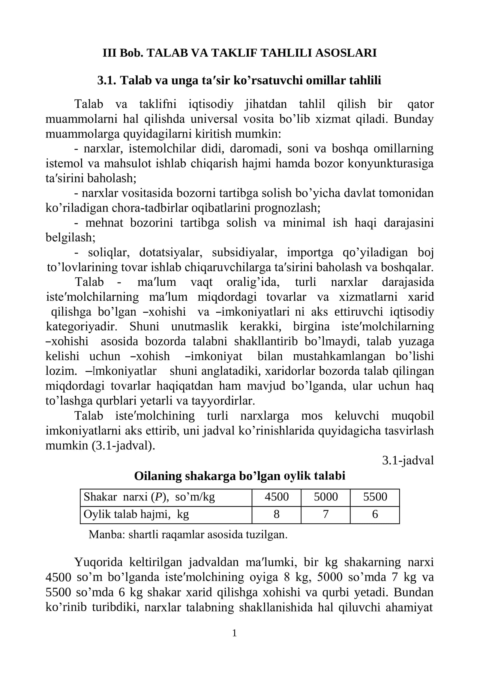 III Bob. TALAB VA TAKLIF TAHLILI ASOSLARI