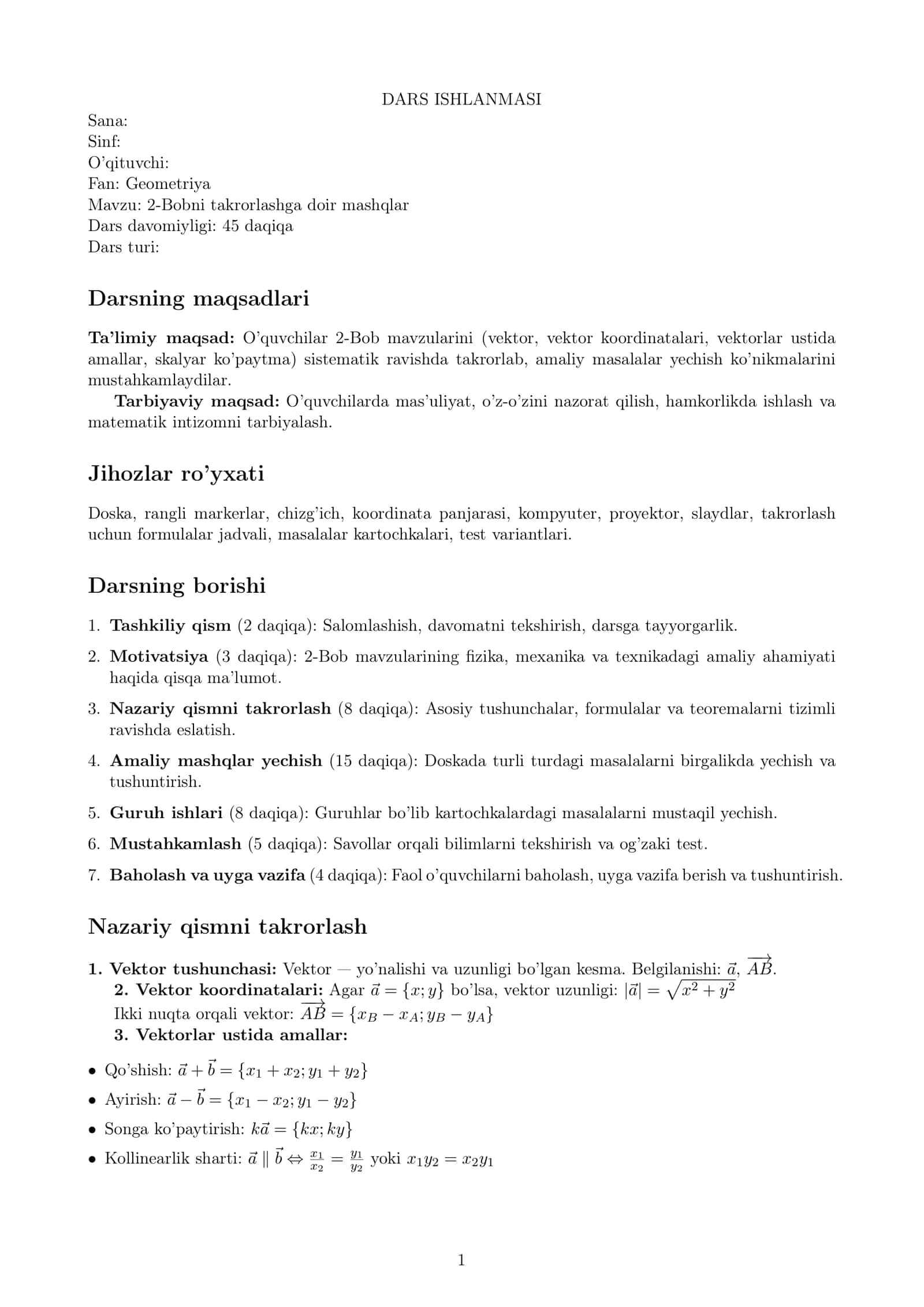 9 sinf Geometriya 2-Bobni takrorlashga doir mashqlar (Dars ishlanmasi)