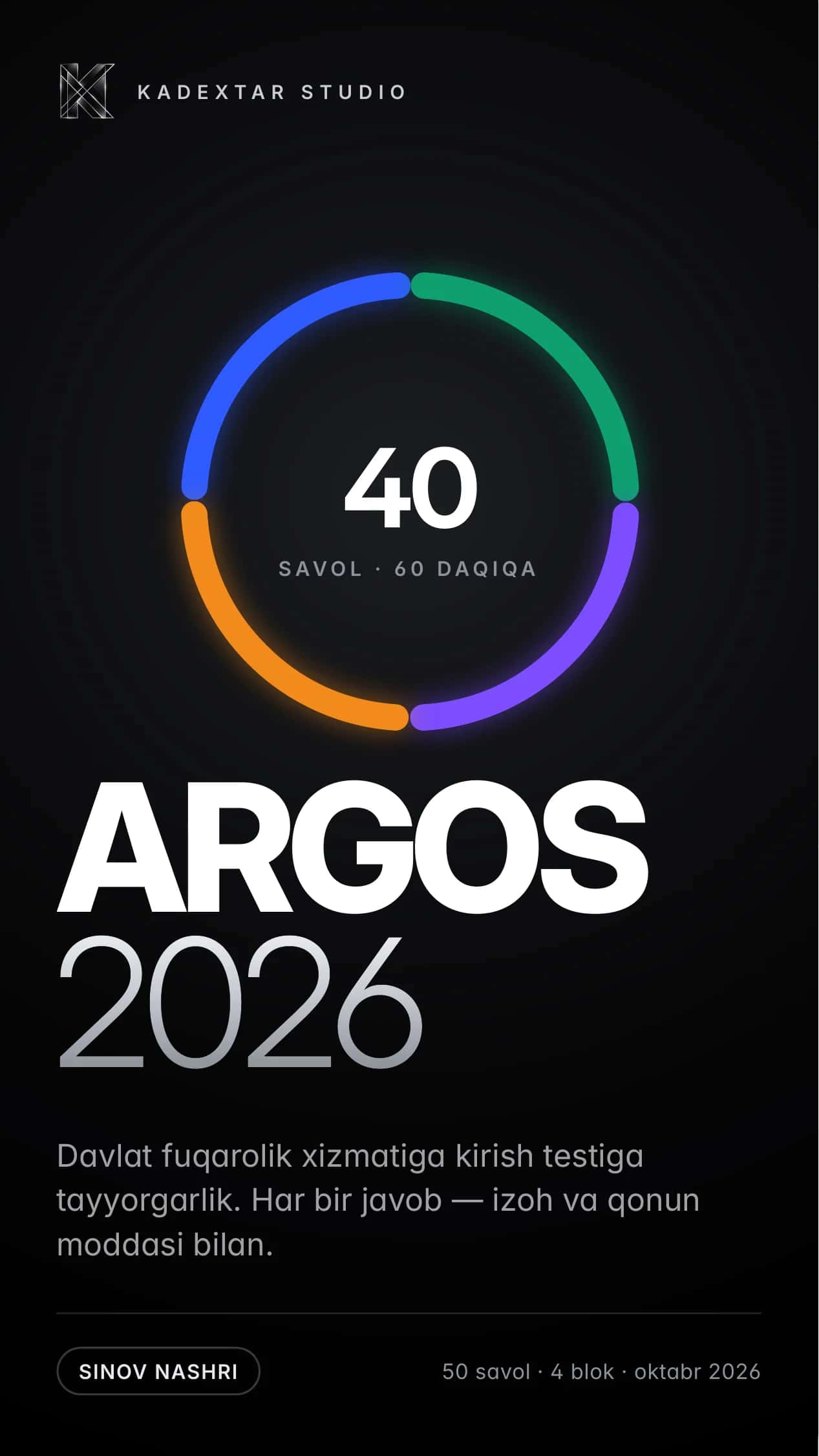 ARGOS 2026 — bepul sinov nashri: 50 savol, izoh bilan (davlat xizmati testi)