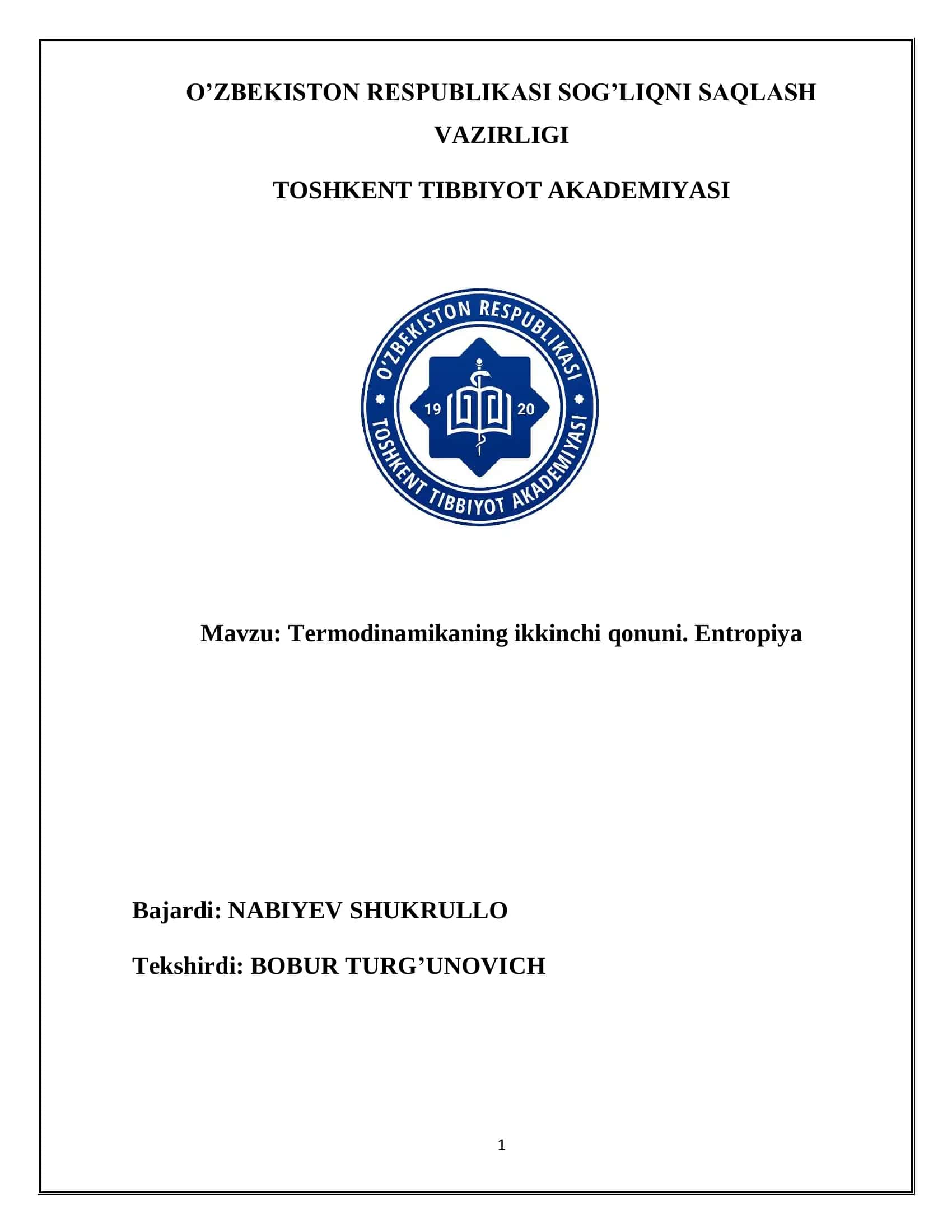 Termodinamikaning ikkinchi qonuni. Entropiya