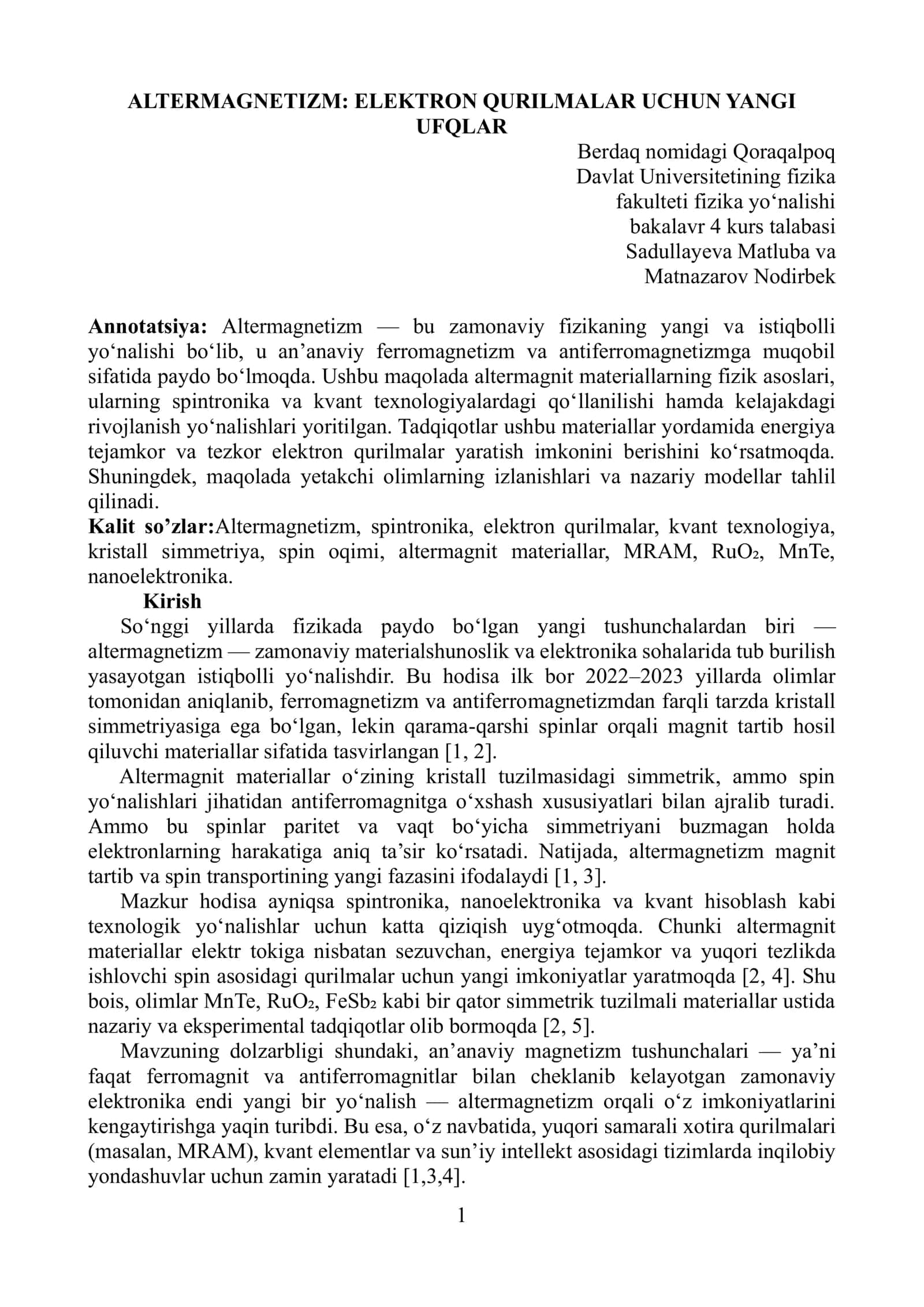 ALTERMAGNETIZM: ELEKTRON QURILMALAR UCHUN YANGI UFQLAR