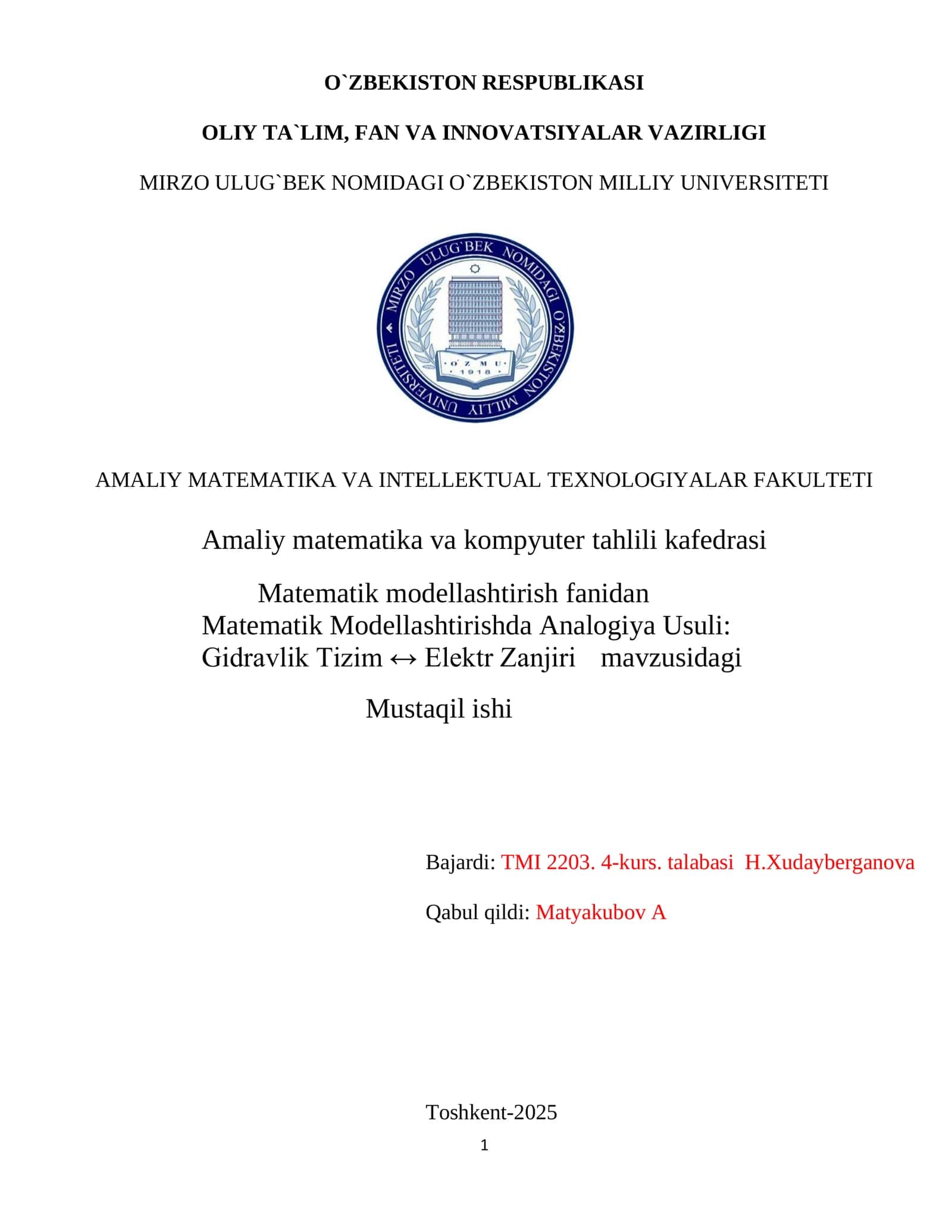Matematik Modellashtirishda Analogiya Usuli: Gidravlik Tizim ↔ Elektr Zanjiri