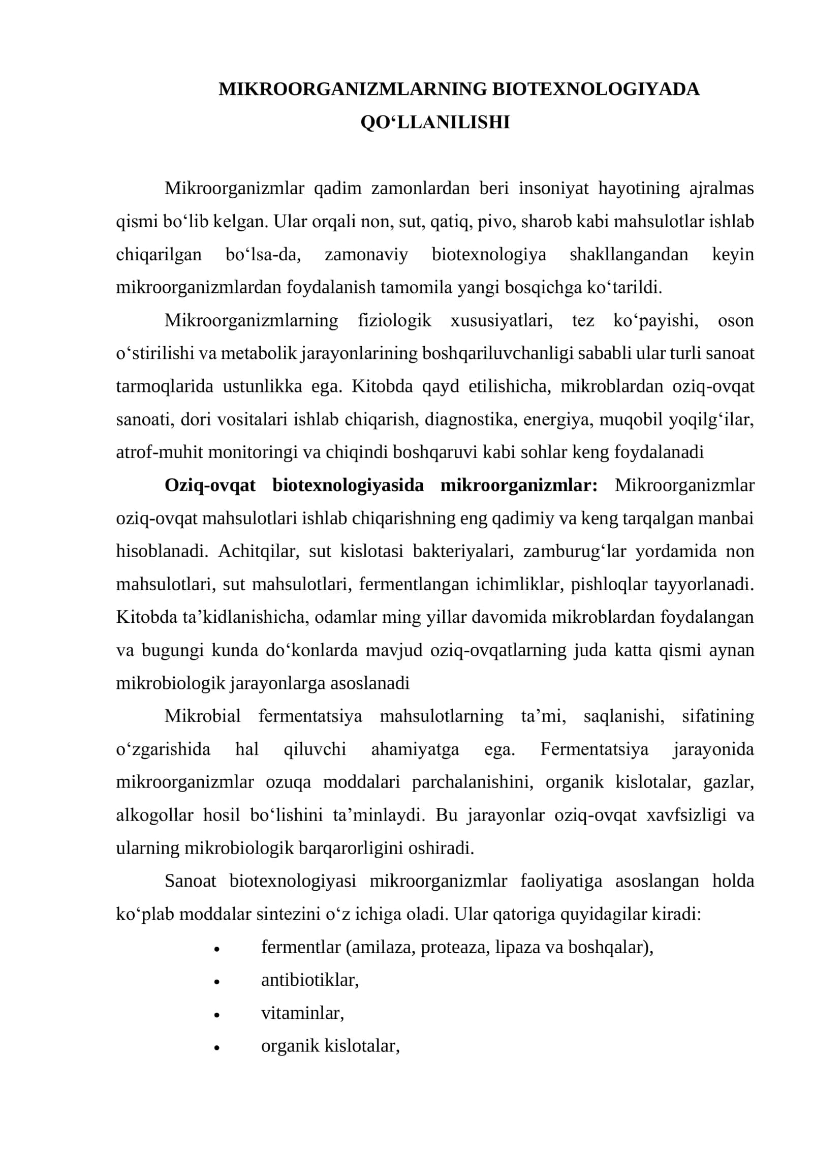 Mikroorganizmlarning Biotexnologiyada Qo‘llanilishi 1