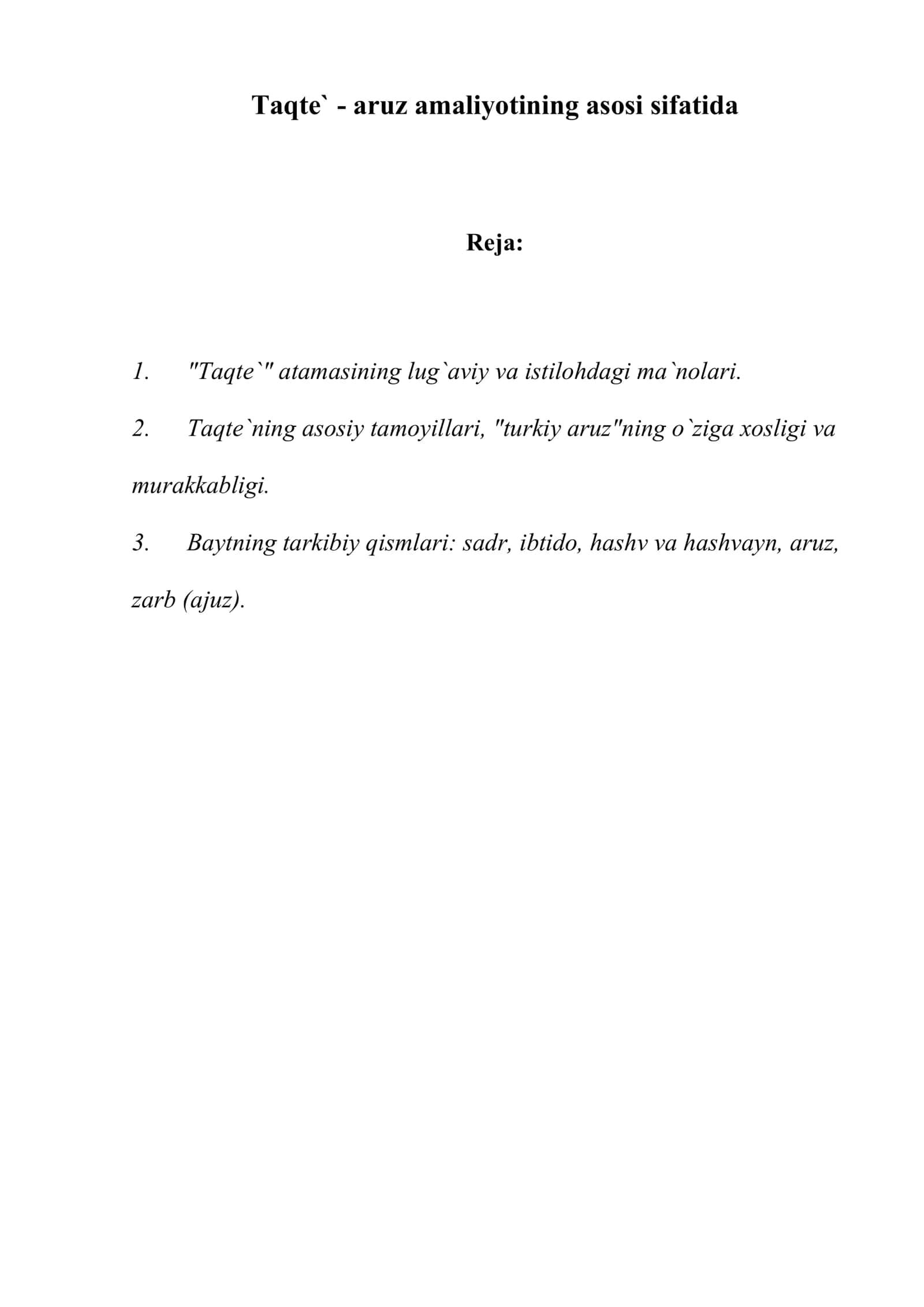 Taqte` - aruz amaliyotining asosi sifatida