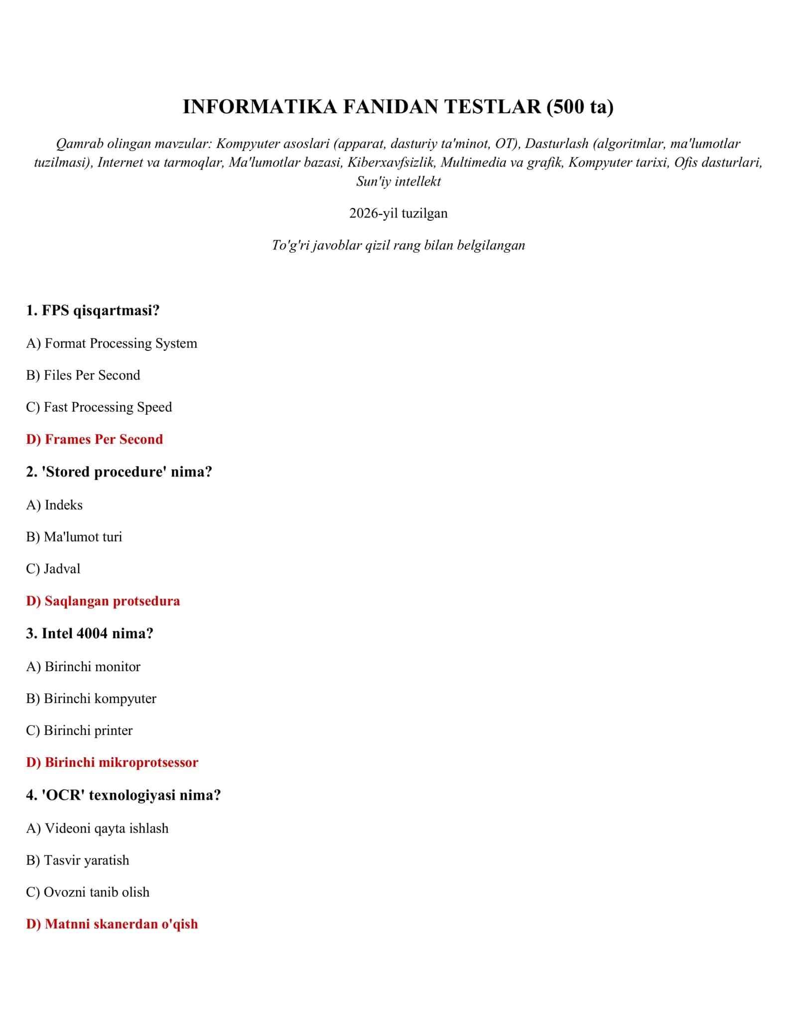 INFORMATIKA FANIDAN TESTLAR (500 ta)