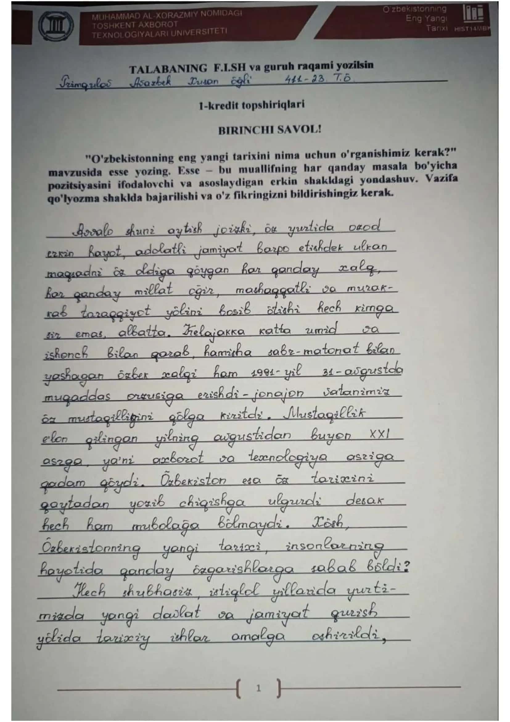 O'zbekston tarixi (1-mustaqil ish)