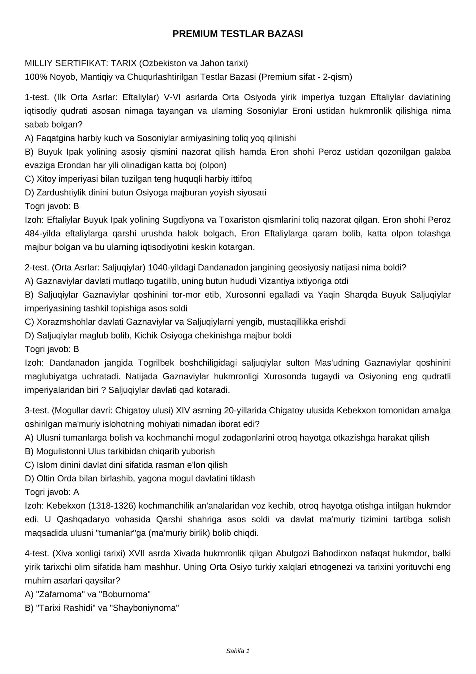 PREMIUM TESTLAR BAZASI