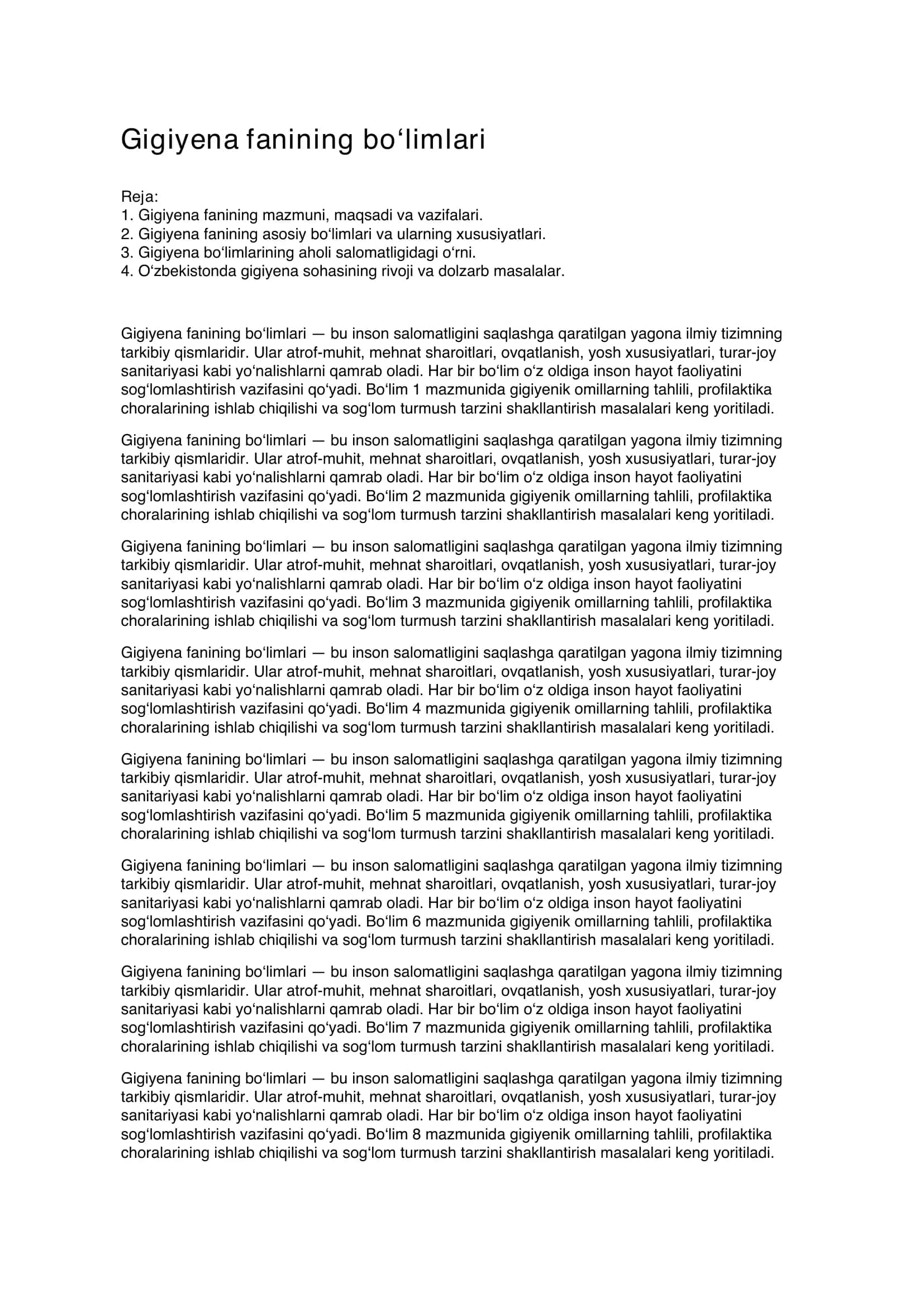 Gigiyena fanining bo‘limlari referat
