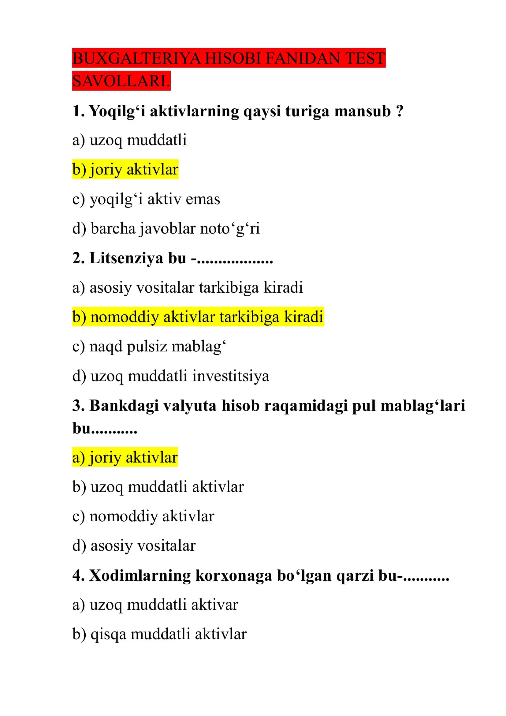 BUXGALTERIYA HISOBI FANIDAN TEST SAVOLLARI