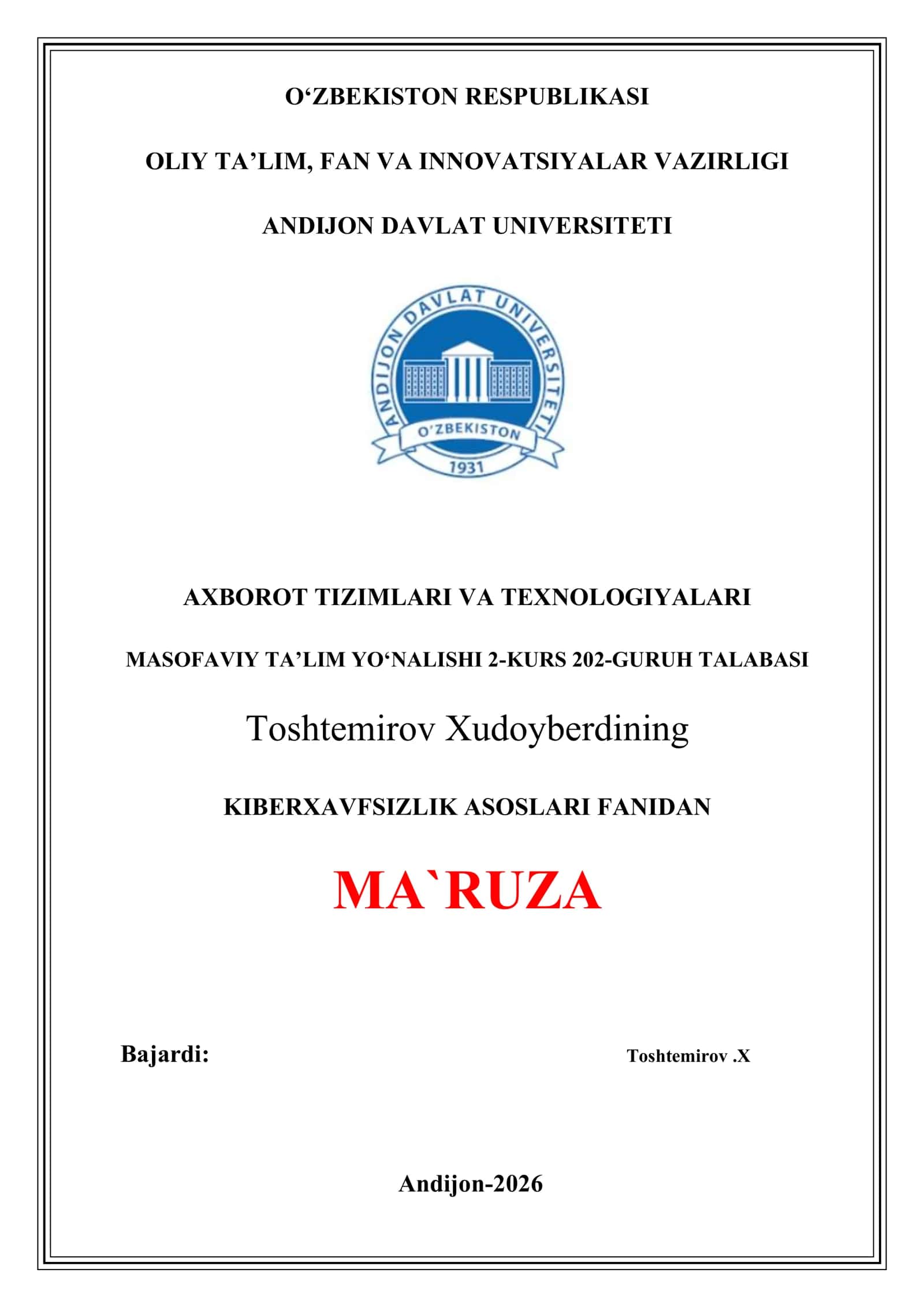 KIBERXAVFSIZLIK ASOSLARI FANIDAN MA`RUZA
