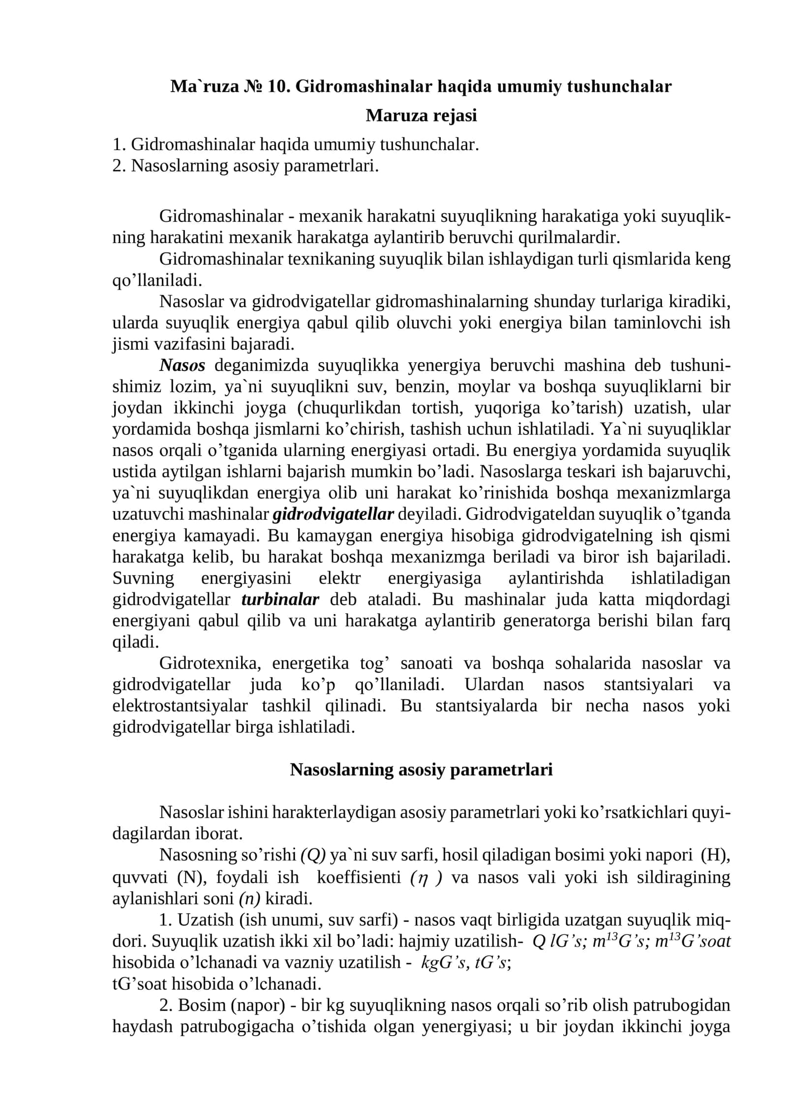 Gidrоmashinalar haqida umumiy tushunchalar