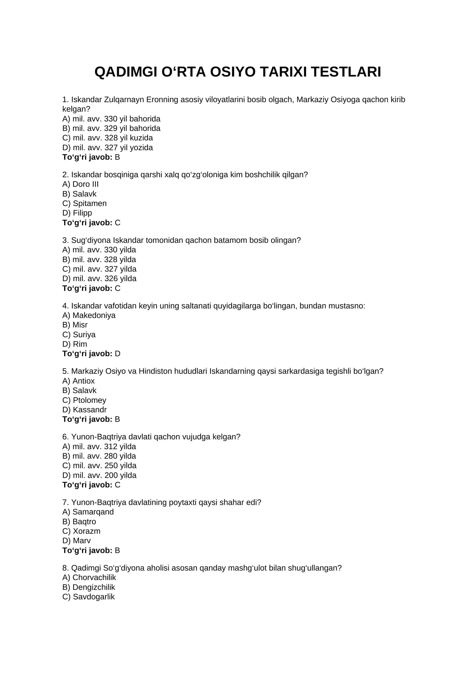 QADIMGI O'RTA OSIYO TARIXI TESTLARI