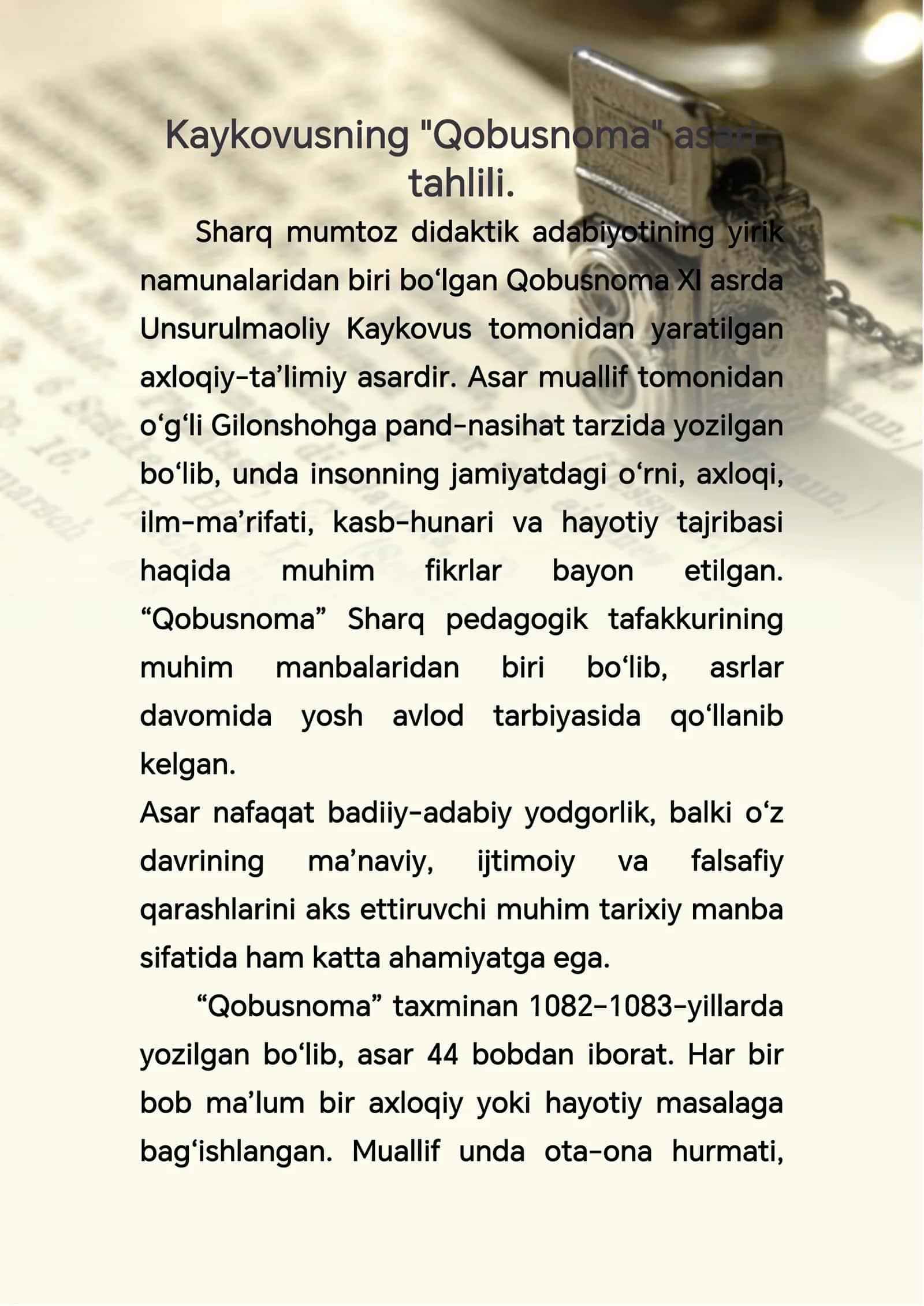 Kaykovusning "Qobusnoma" asari tahlili