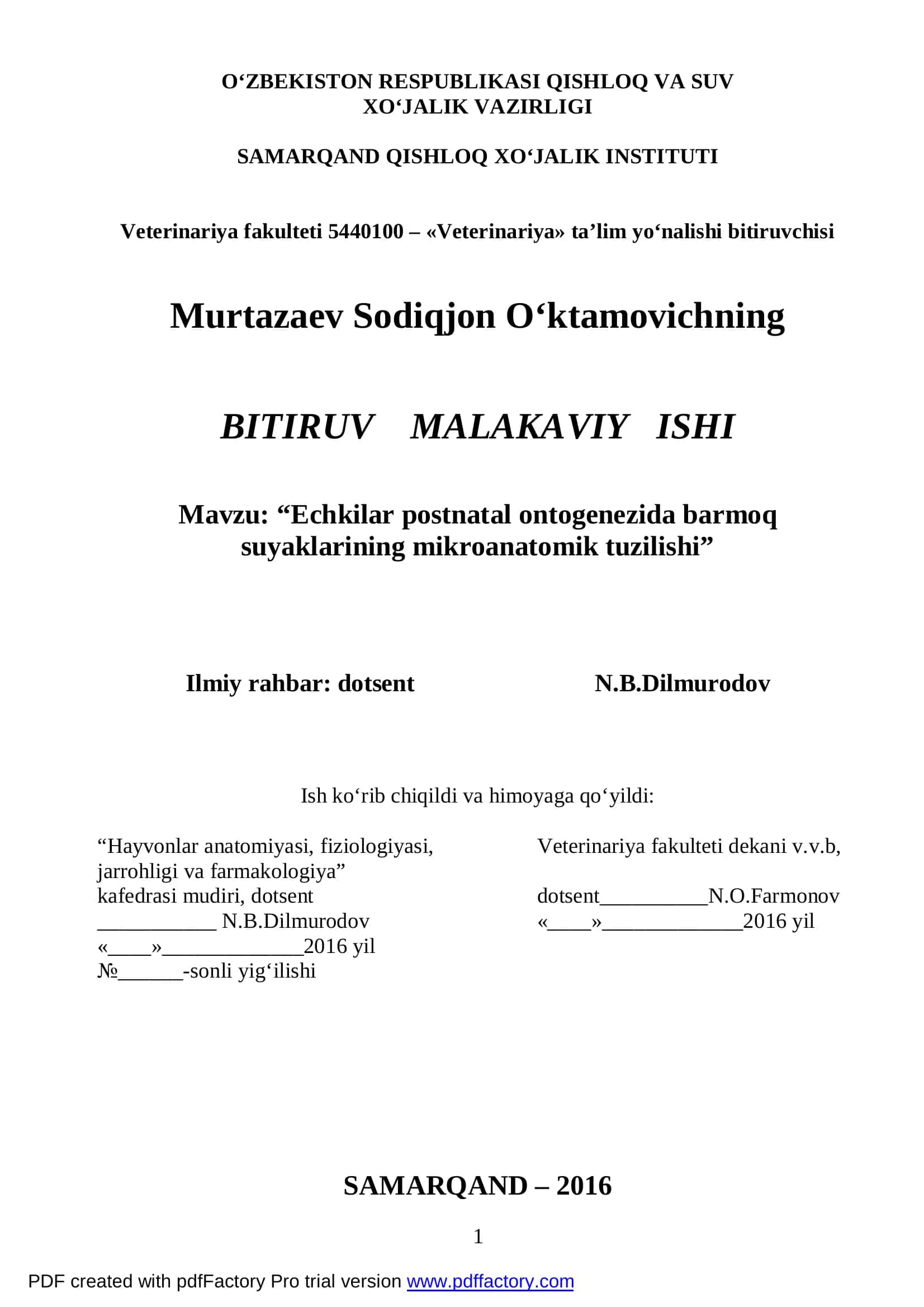 “Echkilar postnatal ontogenezida barmoq suyaklarining mikroanatomik tuzilishi” BITIRUV MALAKAVIY ISHI