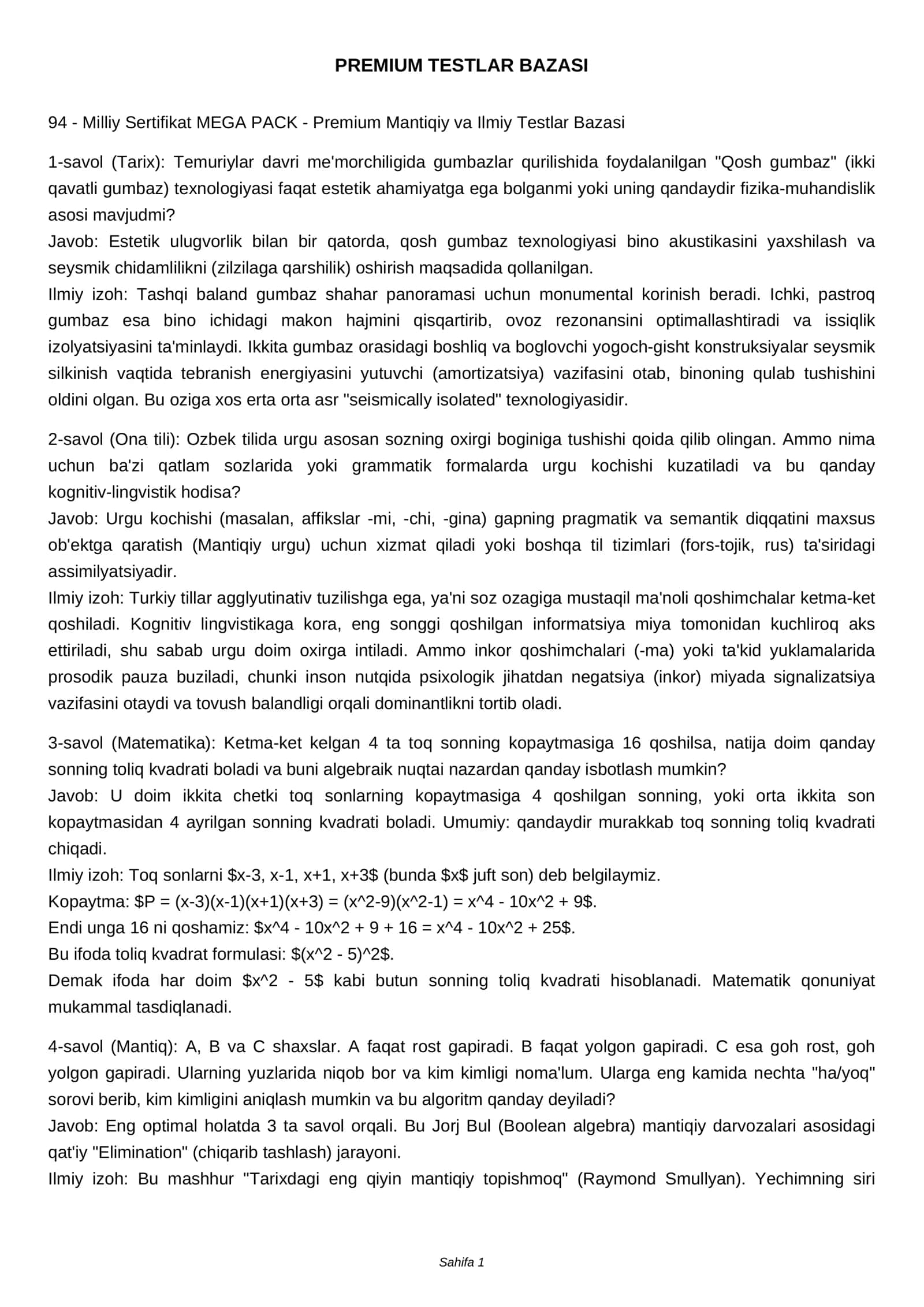 MEGA PACK - Premium Mantiqiy va Ilmiy Testlar Bazasi