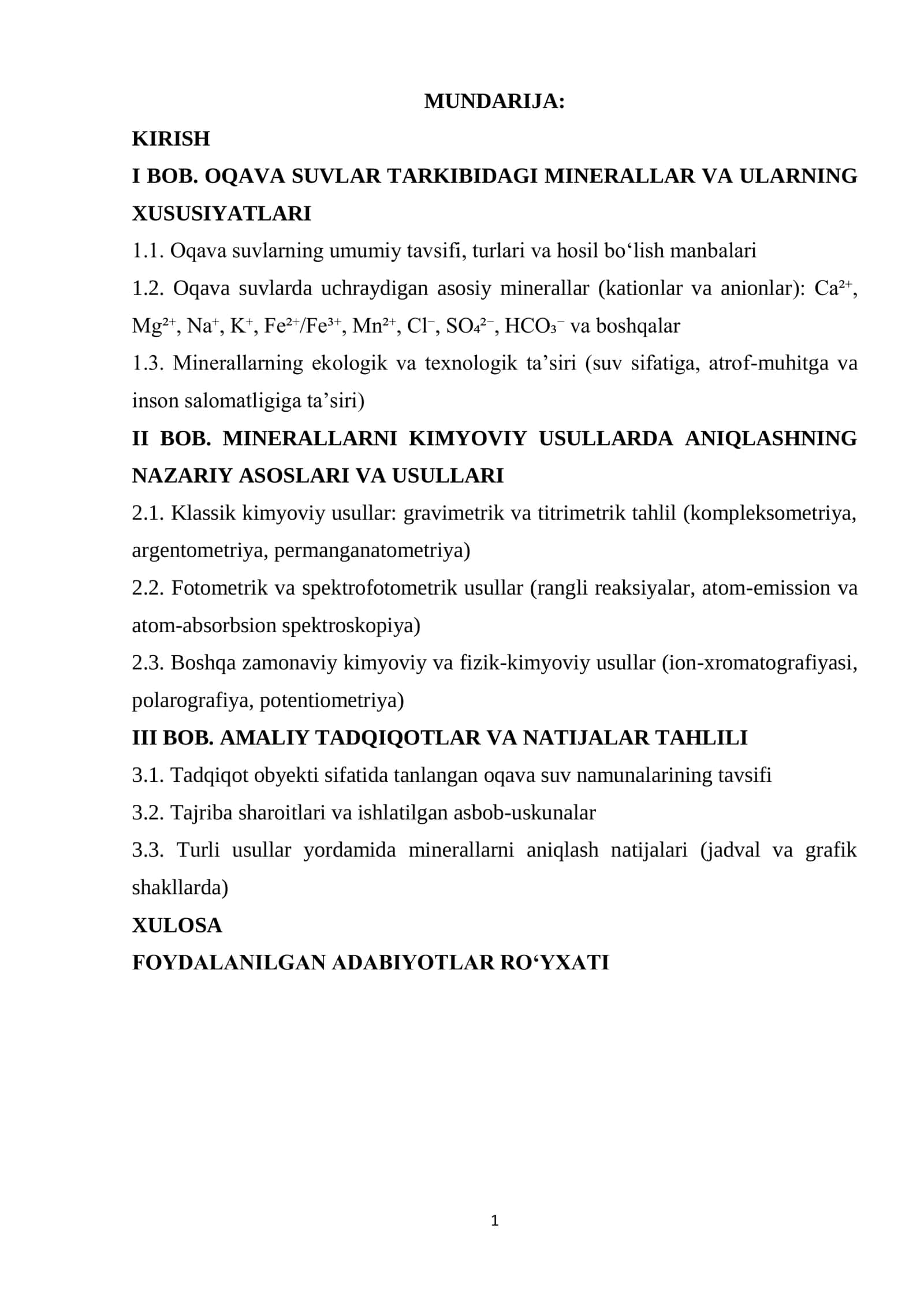 Oqava suvlarning tarkibidagi minerallarni kimyoviy usulda aniqlash