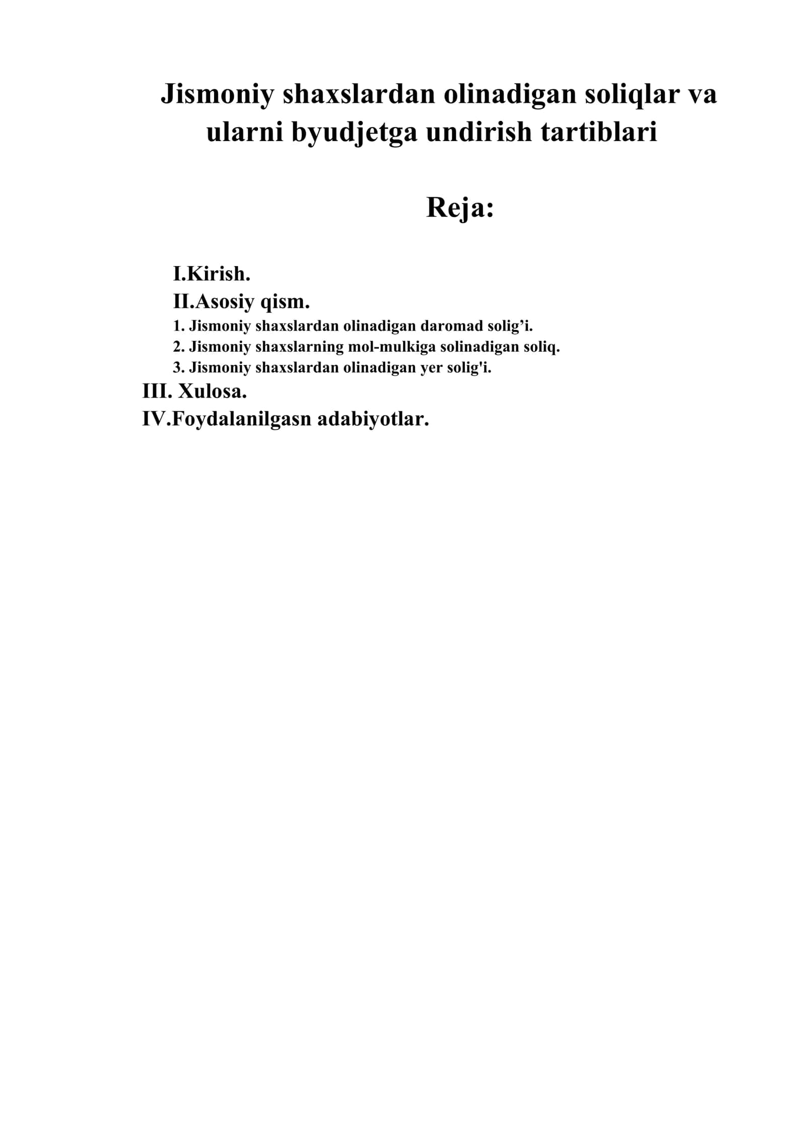 Jismoniy shaxslardan olinadigan soliqlar va ularni byudjetga undirish tartiblari
