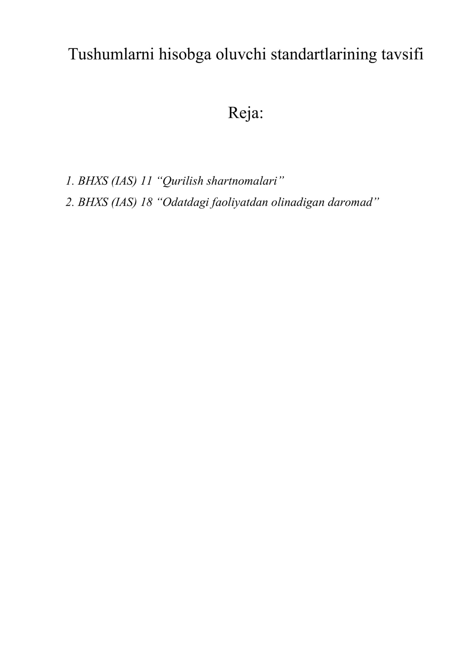 Tushumlarni hisobga oluvchi standartlarining tavsifi