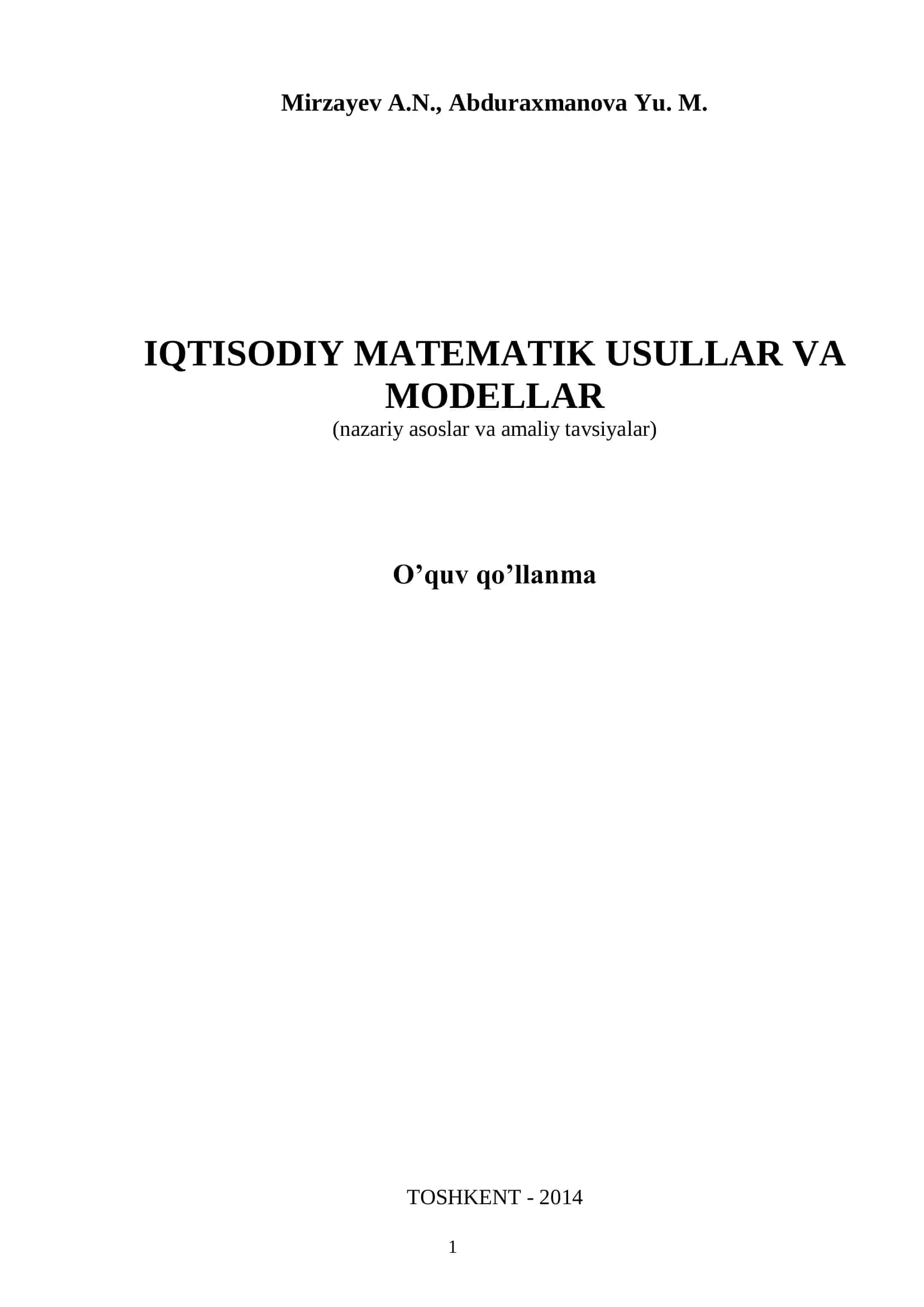 IQTISODIY MATEMATIK USULLAR VA MODELLAR