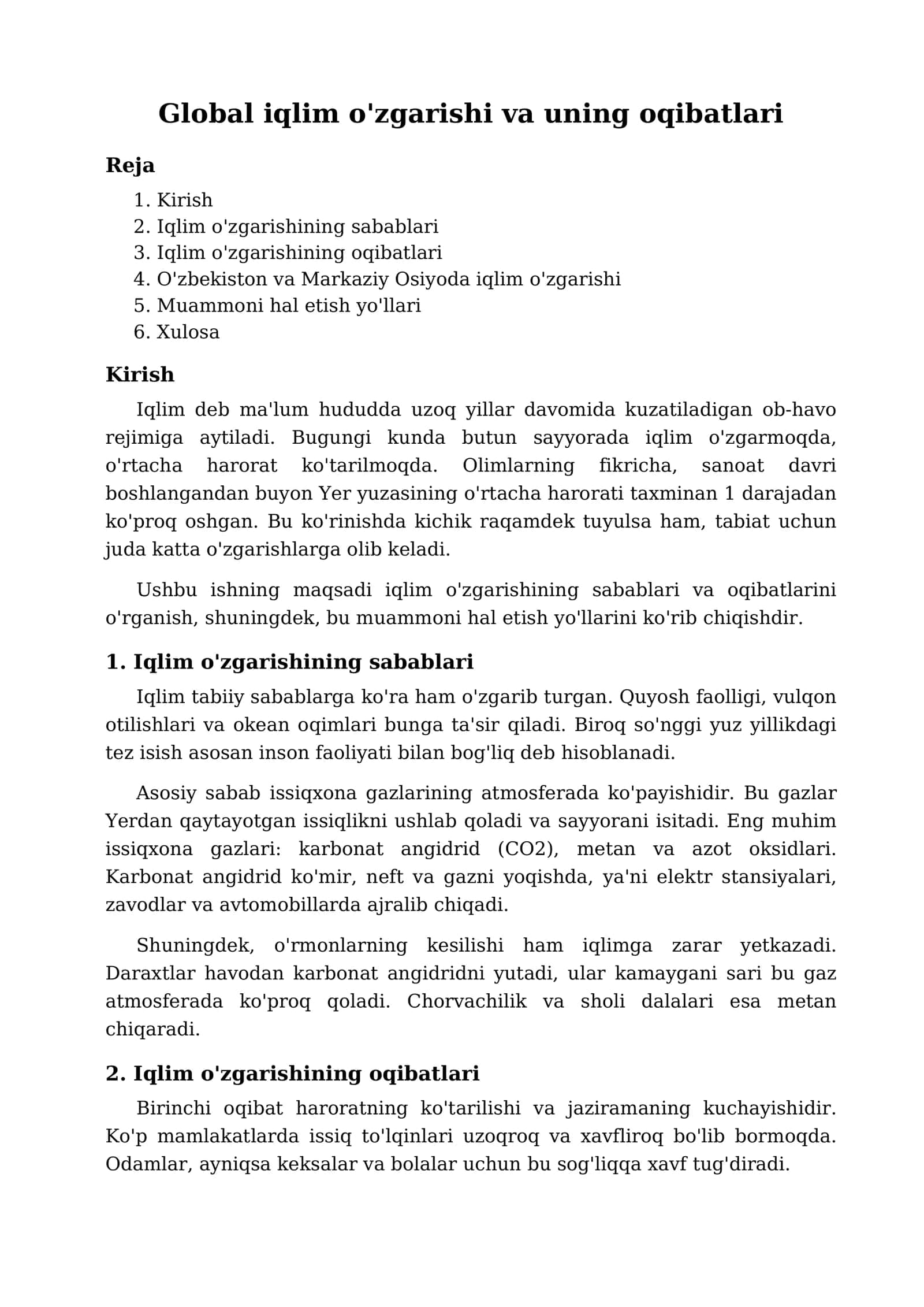 Global iqlim o'zgarishi va uning oqibatlari
