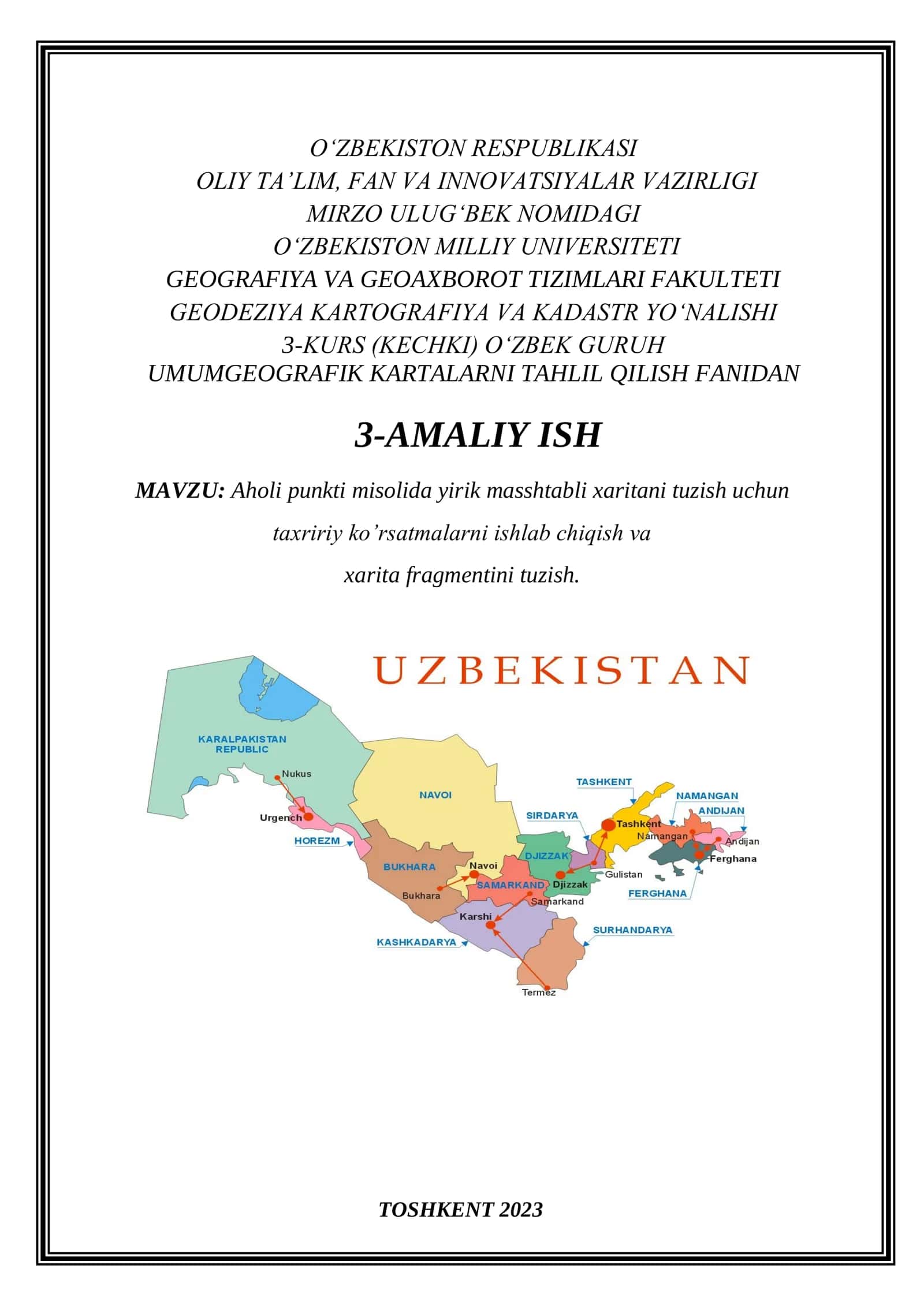 Aholi punkti misolida yirik masshtabli xaritani tuzish uchun taxririy ko’rsatmalarni ishlab chiqish va xarita fragmentini tuzish.