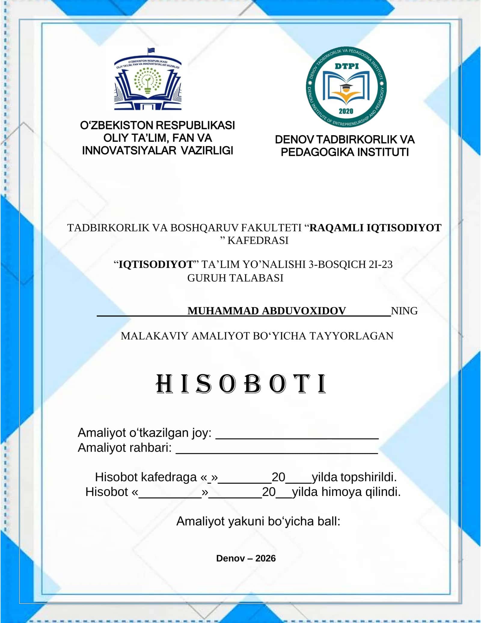SOLIQ INSPEKSIYASINING TASHKILIY-HUQUQIY DENOV TUMAN  ASOSLARI VA FAOLIYATI