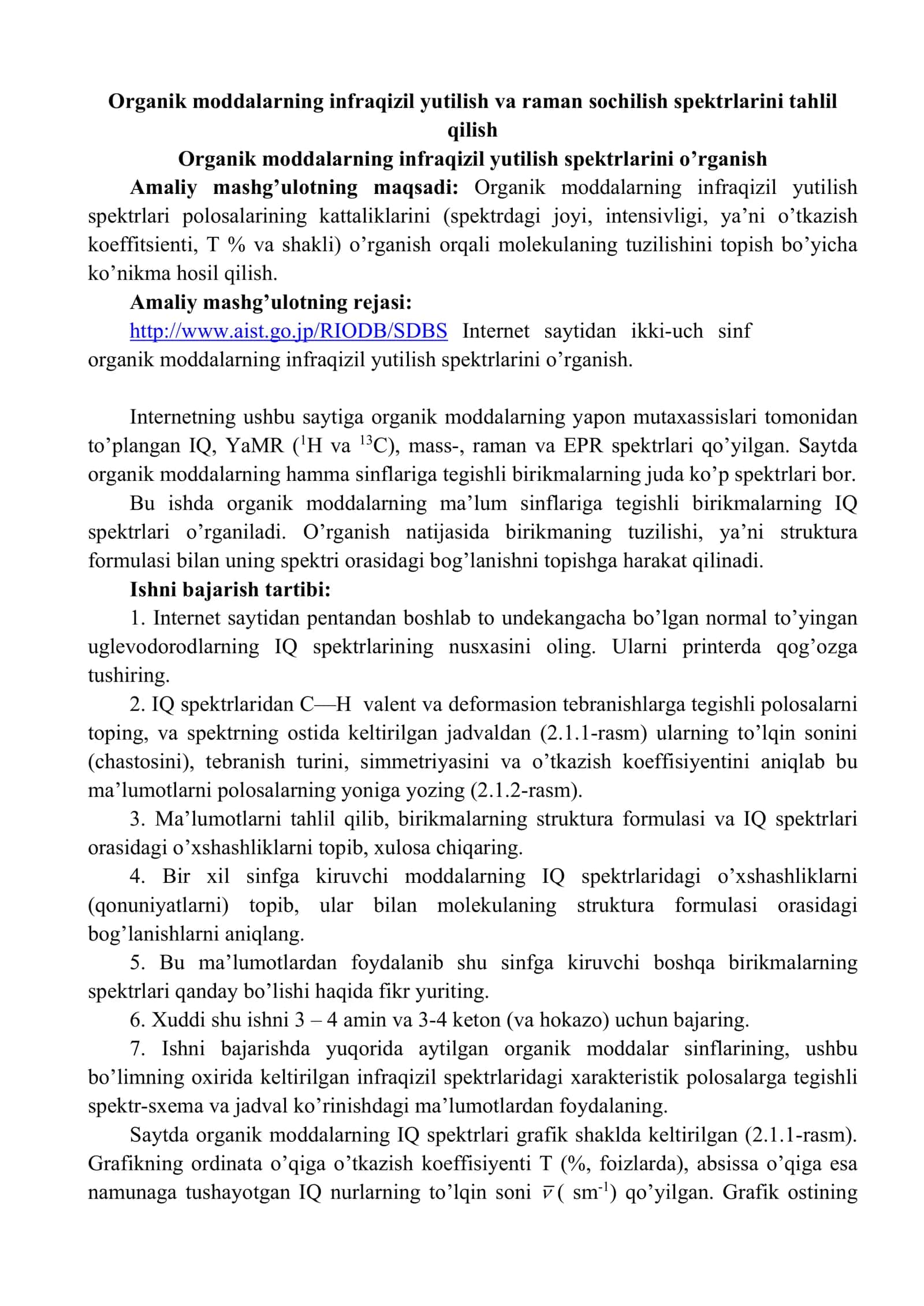 Organik moddalarning infraqizil yutilish va raman sochilish spektrlarini tahlil qilish