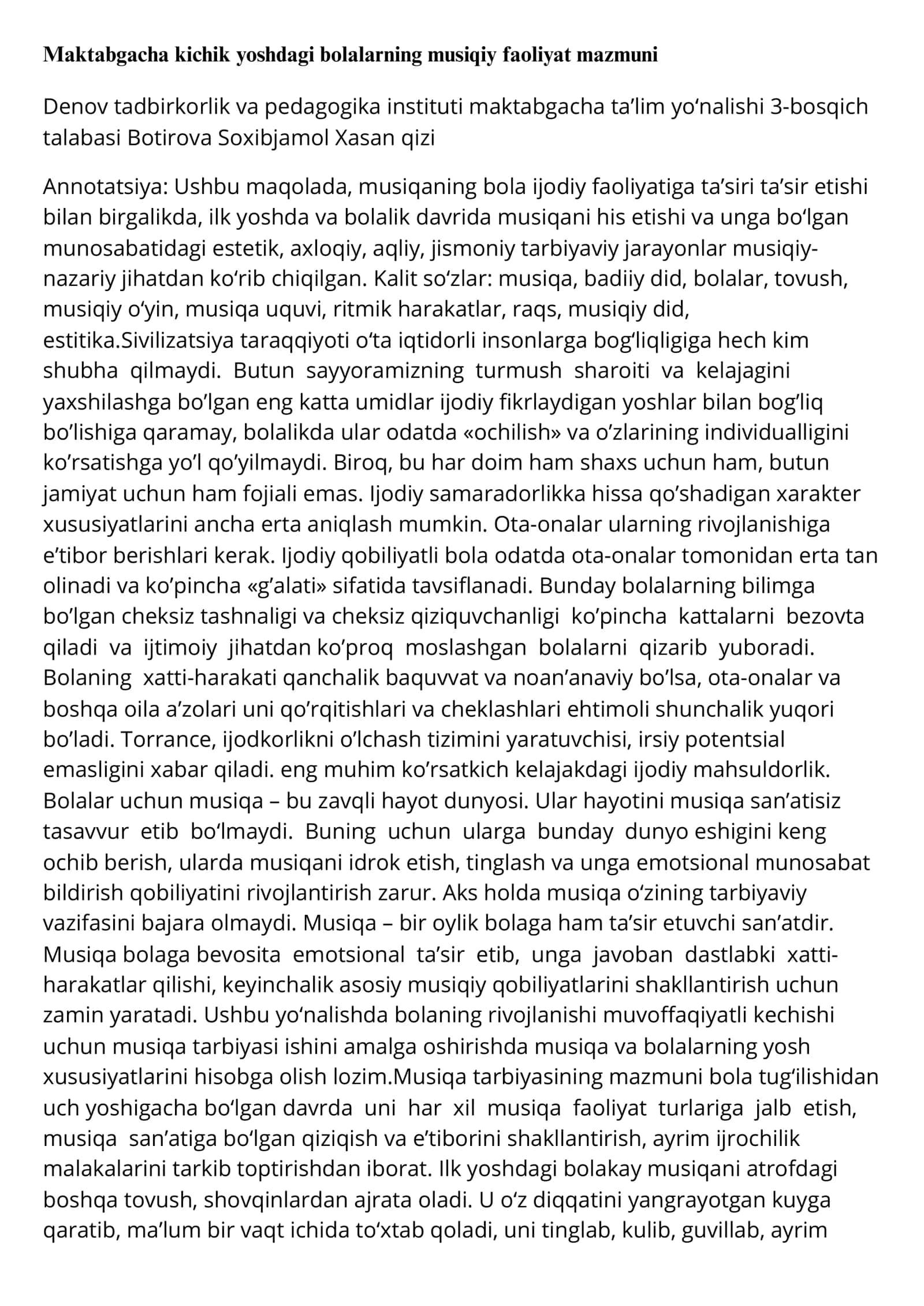 Maktabgacha kichik yoshdagi bolalarning musiqiy faoliyat mazmuni