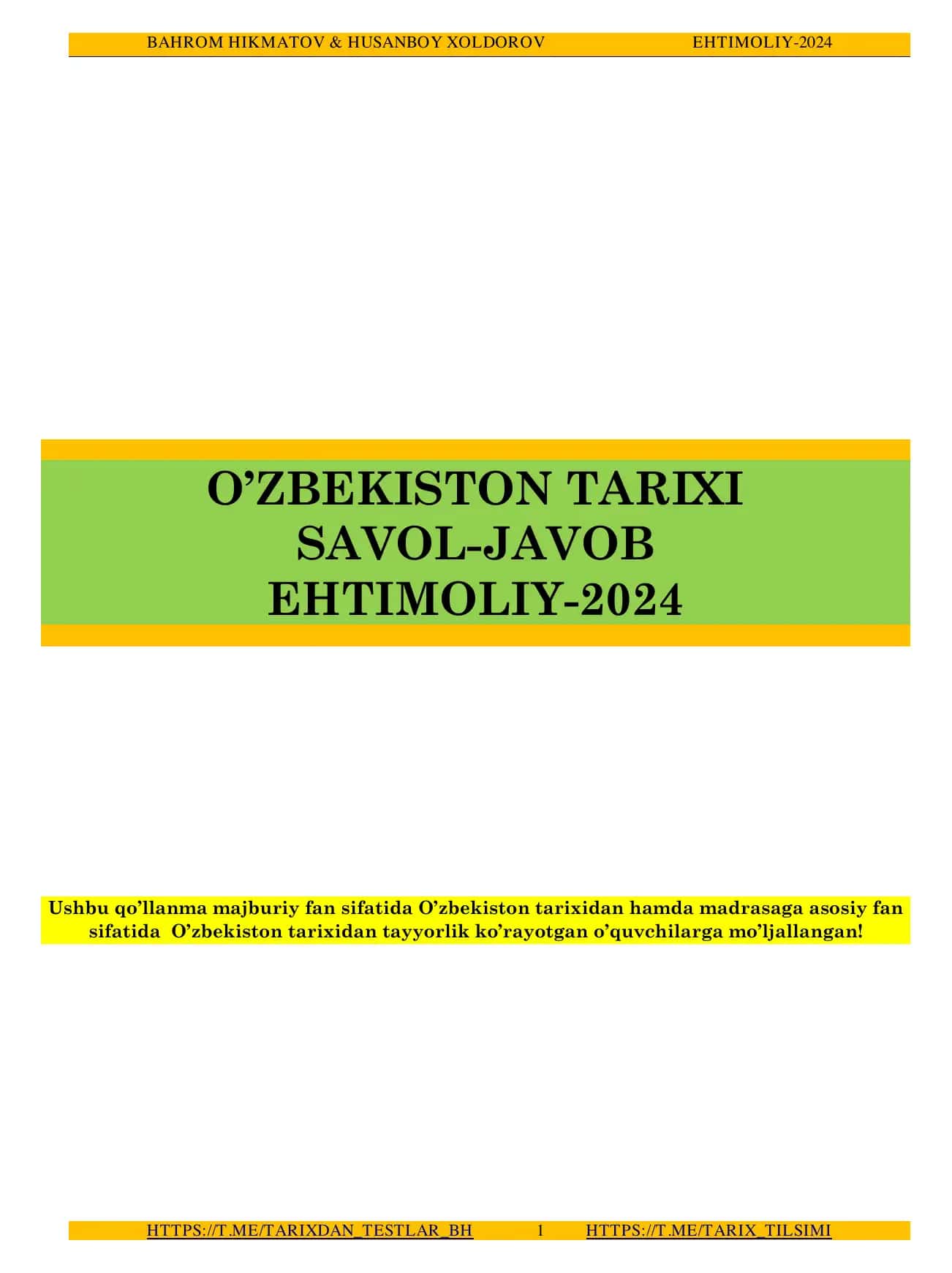 O'zbekiston tarixidan majburiy testlar to'plami 2825 ta, javoblari bilan!