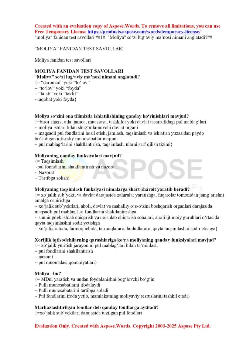 Moliya fanidan test savollari 2025