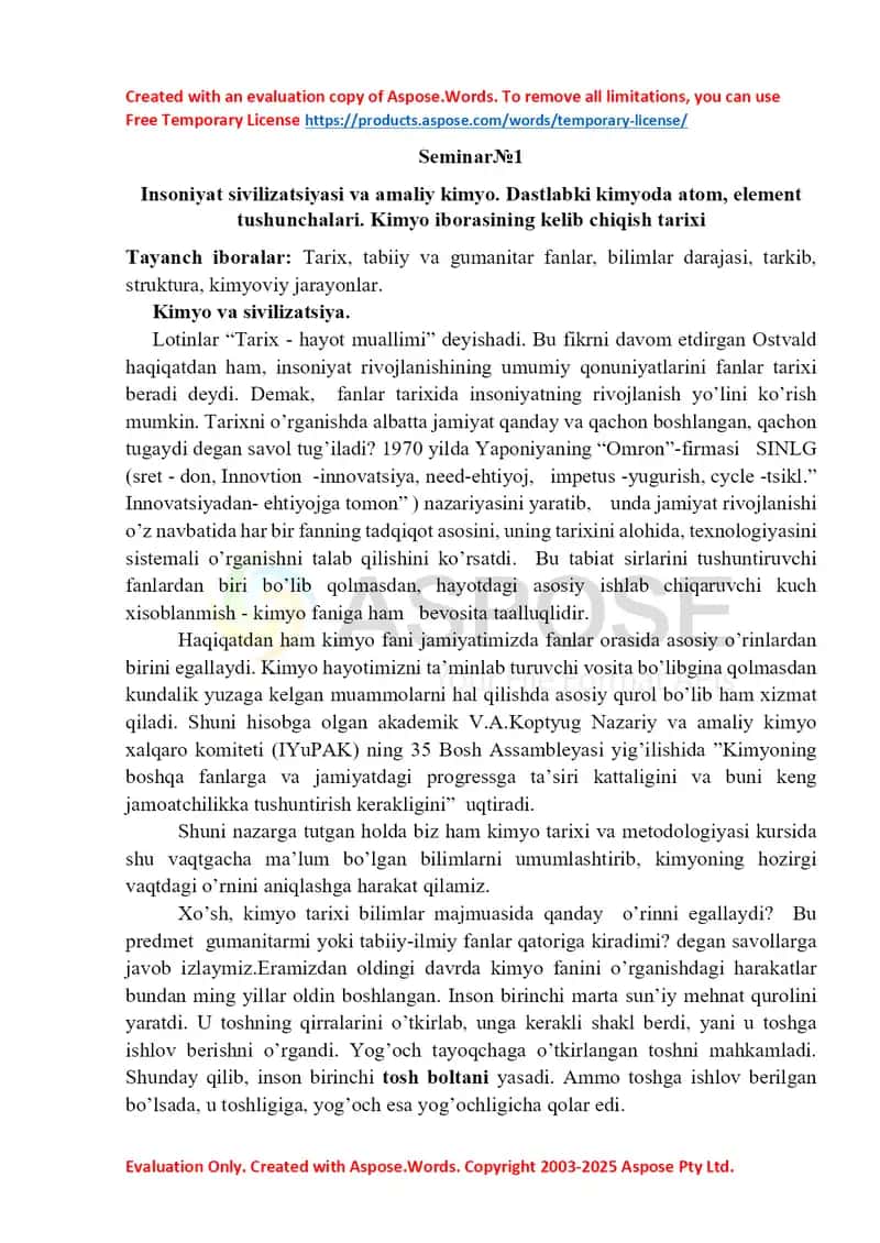 Seminar№1 “Insoniyat sivilizatsiyasi va amaliy kimyo”