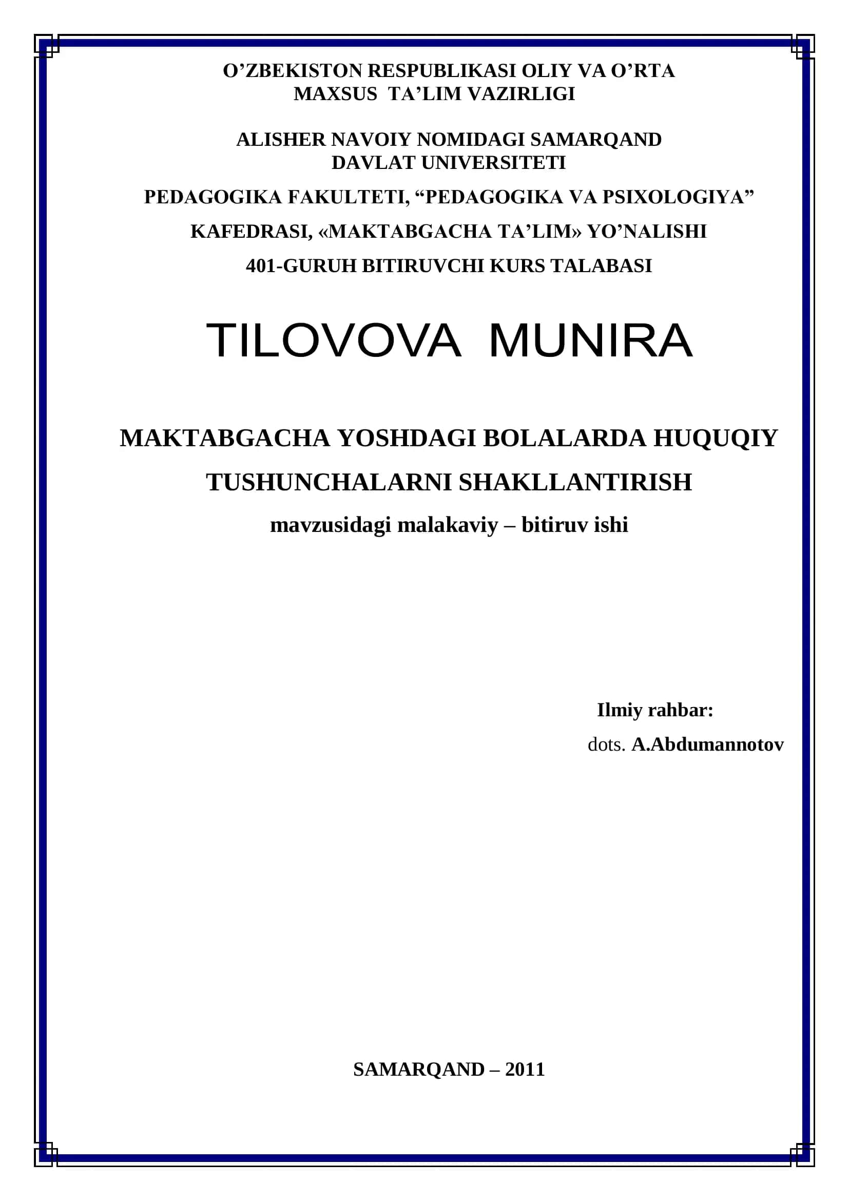 MAVZUSIDAGI MALAKAVIY – BITIRUV ISHI
