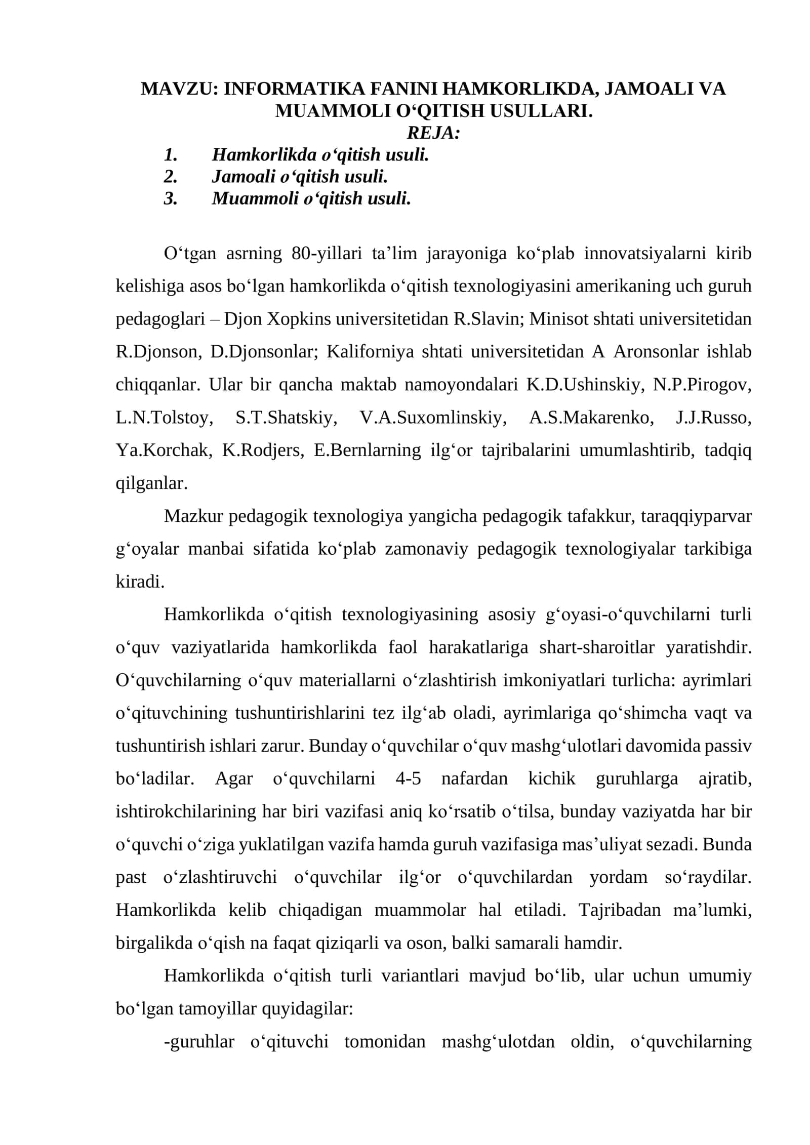 INFORMATIKA FANINI HAMKORLIKDA, JAMOALI VA MUAMMOLI O‘QITISH USULLARI