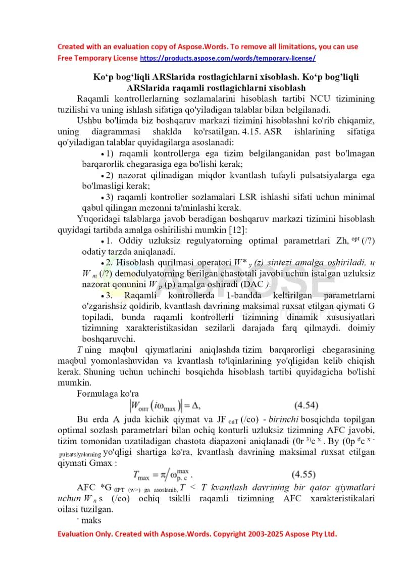 Ko‘p bog‘liqli ARSlarida raqamli rostlagichlarni hisoblash