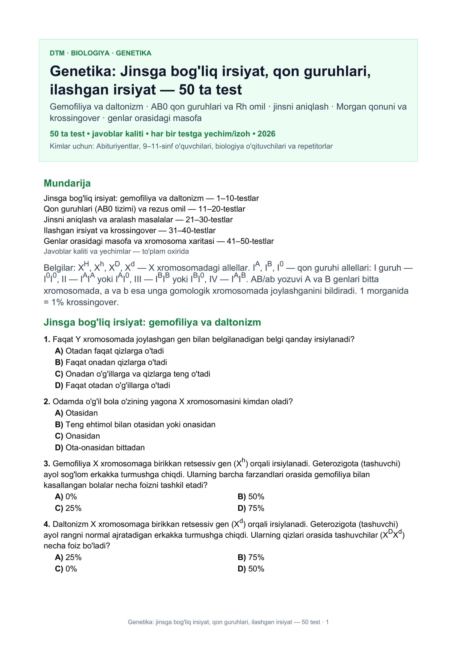 Genetika: Jinsga bog'liq irsiyat, qon guruhlari, ilashgan irsiyat — 50 test · 1
