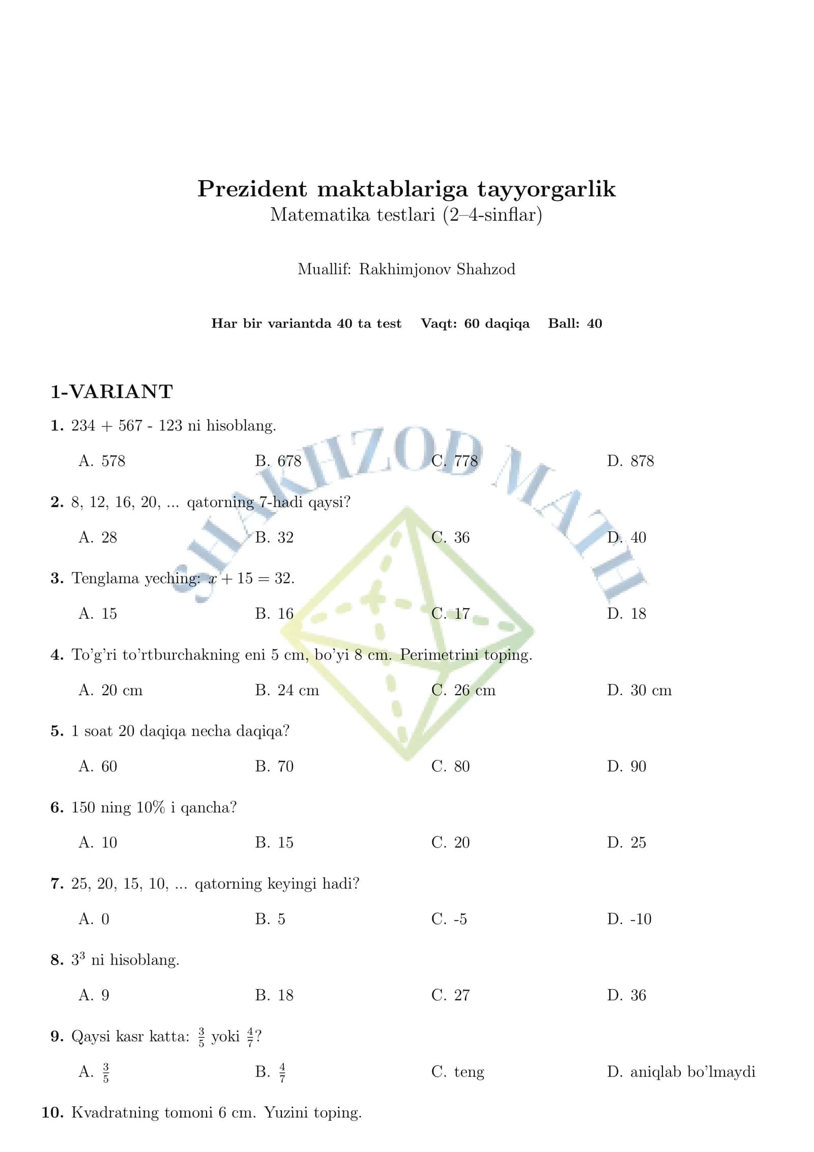 Matematika testlari (2–4-sinflar)