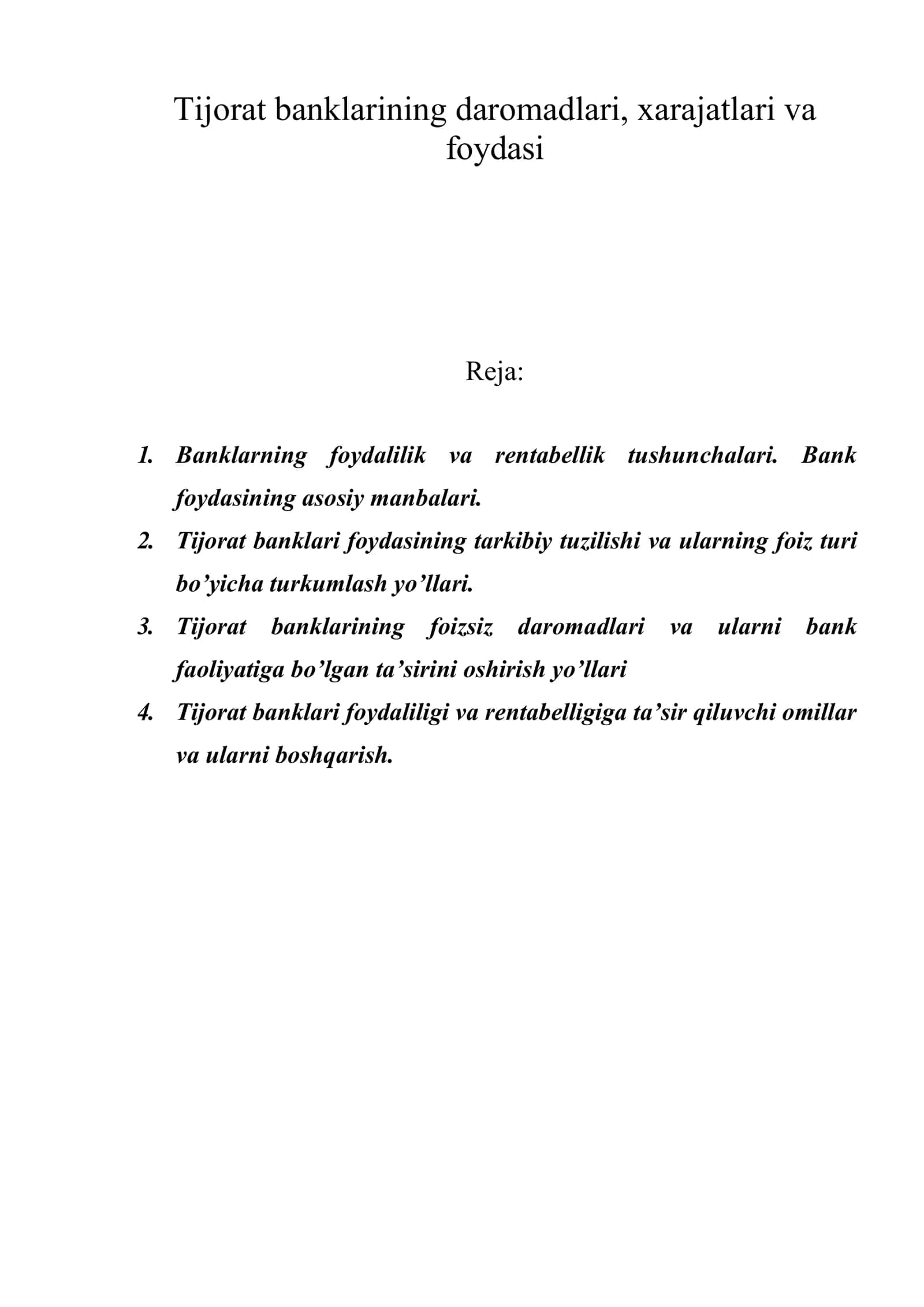 Tijorat banklarining daromadlari, xarajatlari va foydasi